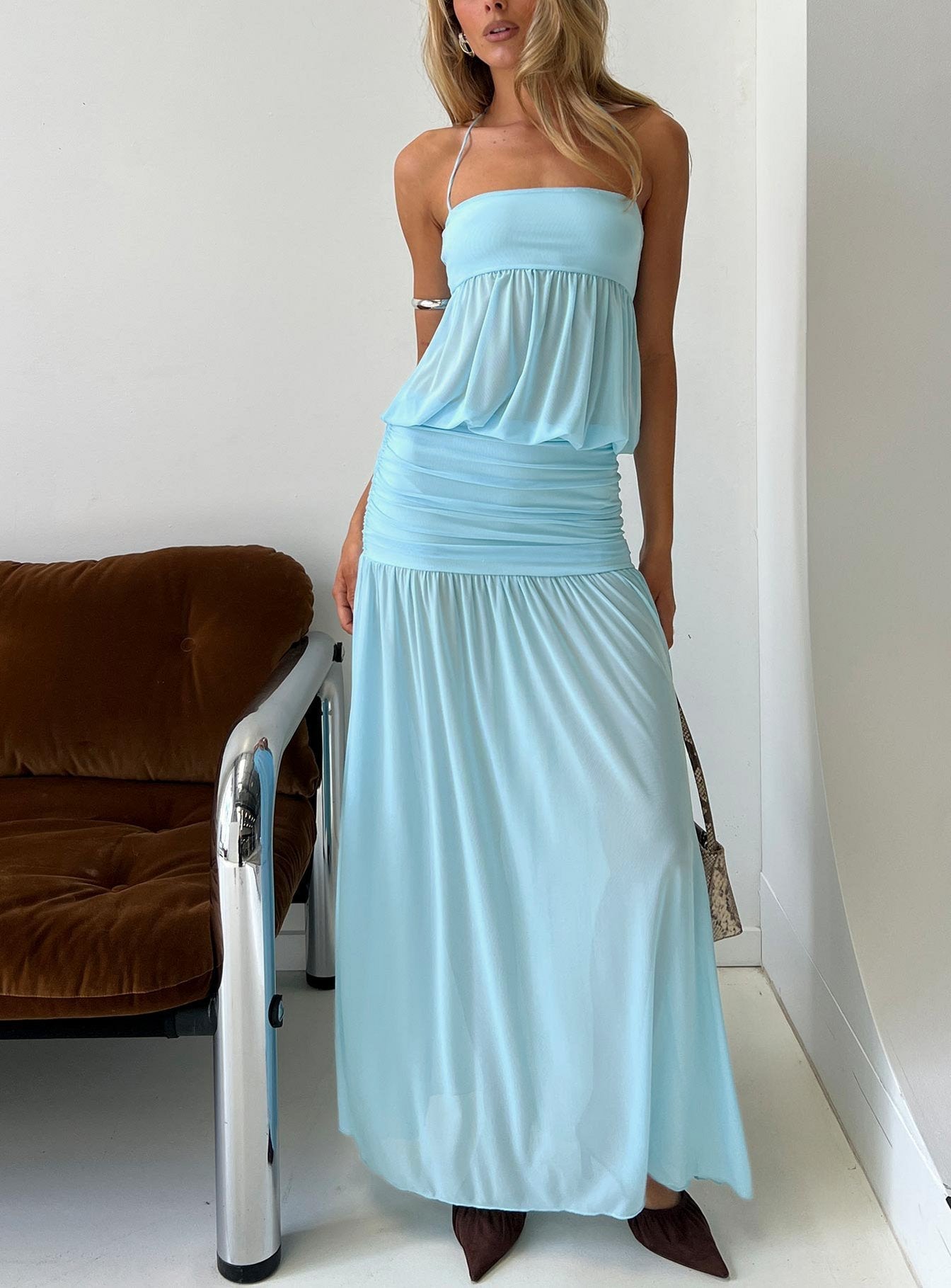 Jesemia Mavi Halter Yaka Maxi Elbise