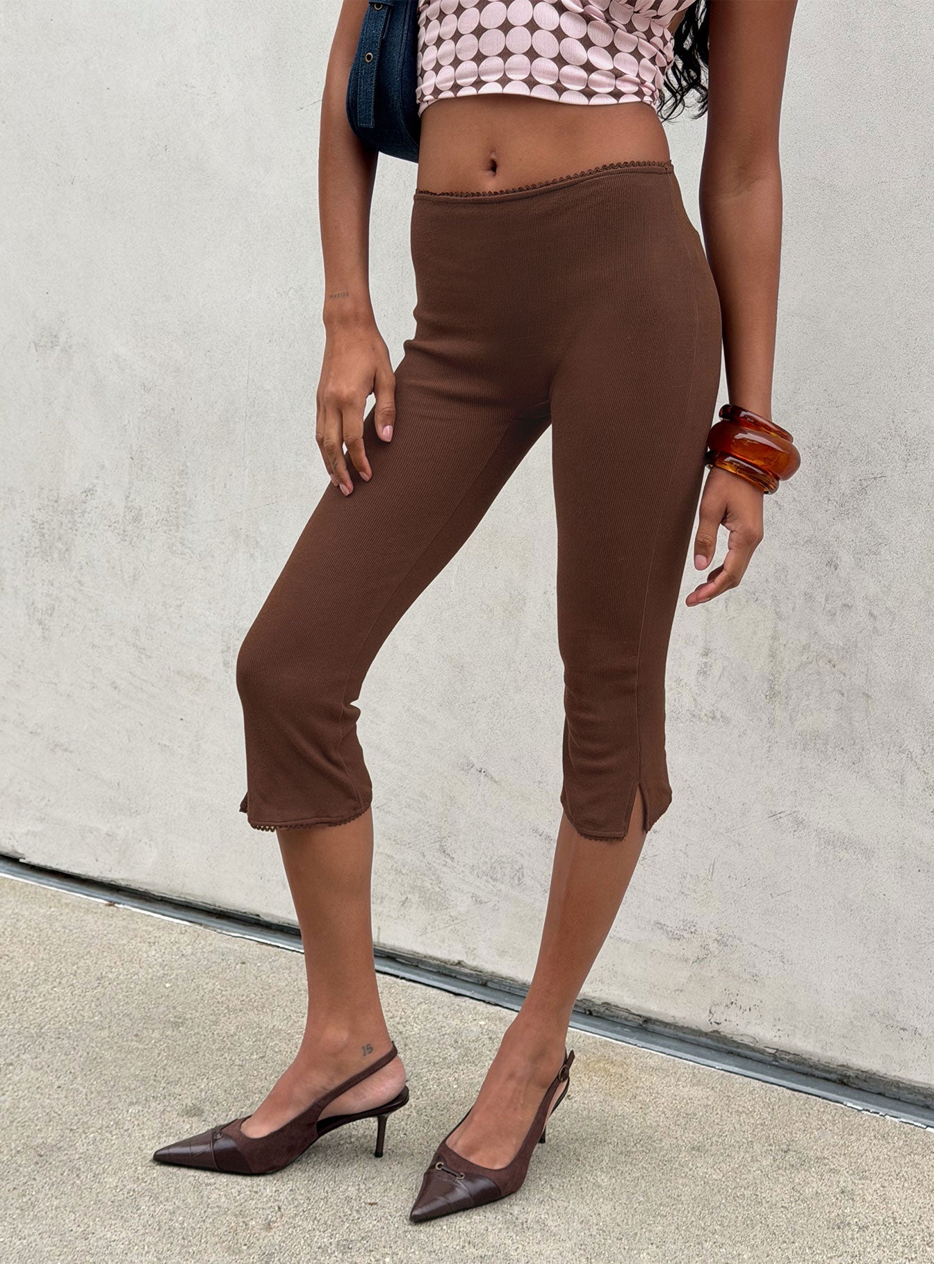 Temel Rib Capri Pantolon - Çikolata Rengi