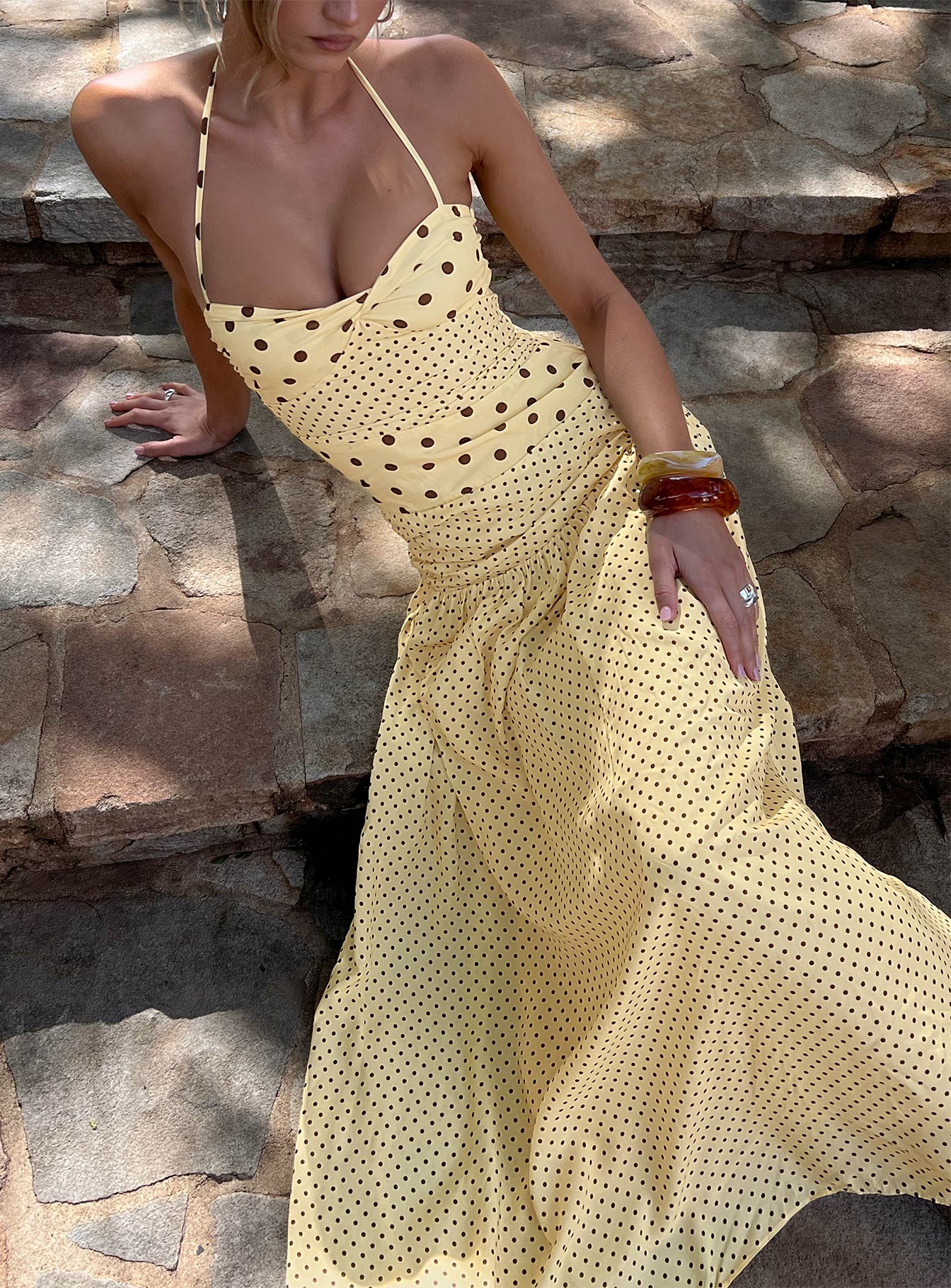 Marguerite Halter Maxi Elbise - Limon Kahverengi Puantiye