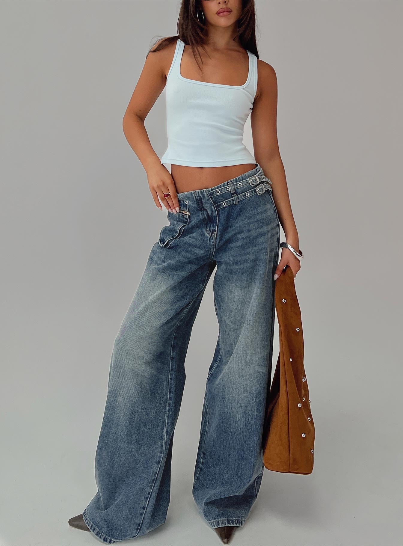 Paltrow Orta Bel Geniş Paça Kargo Jean - Orta Mavi, Küçük Beden