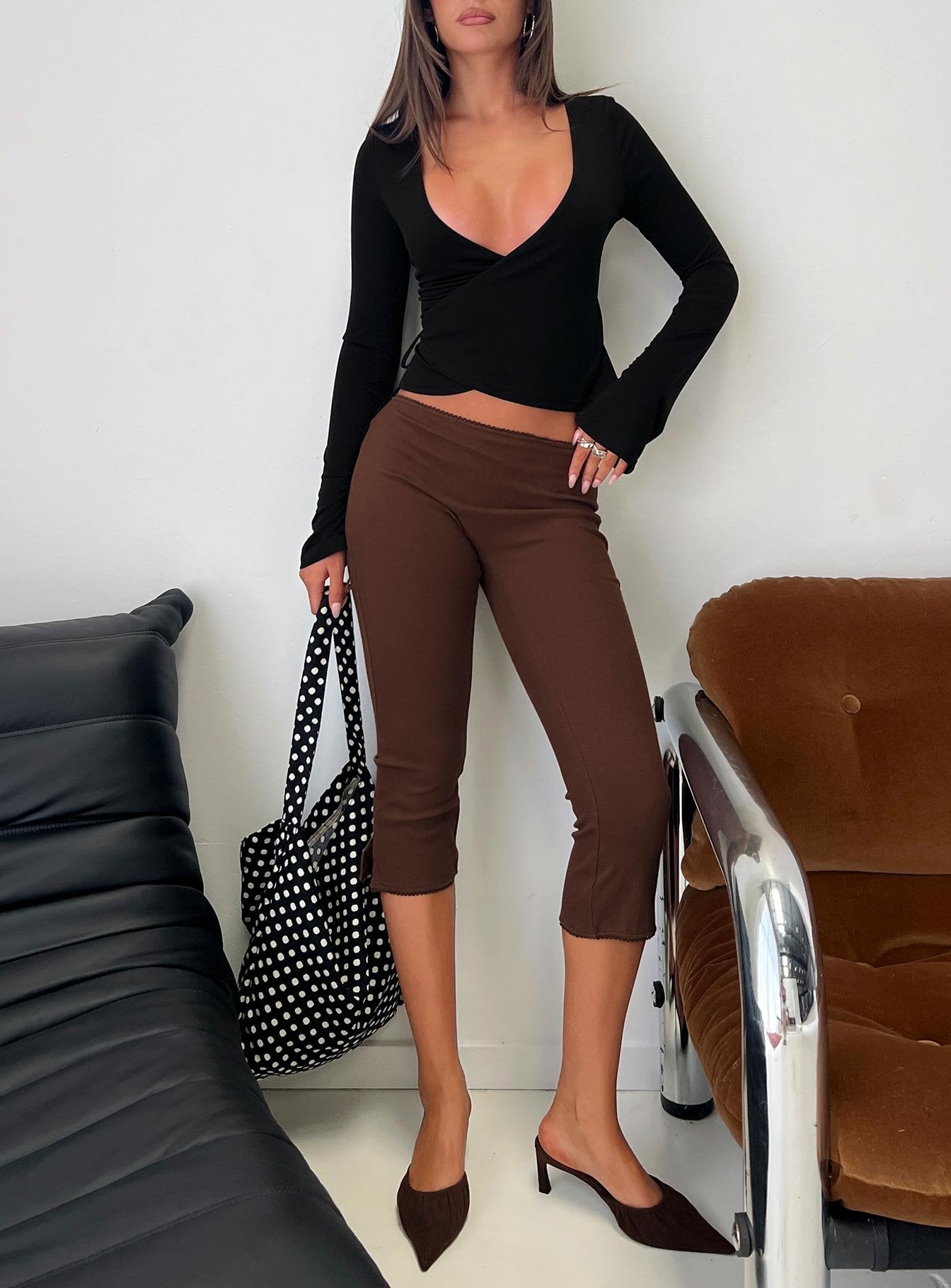 Temel Rib Capri Pantolon - Çikolata Rengi