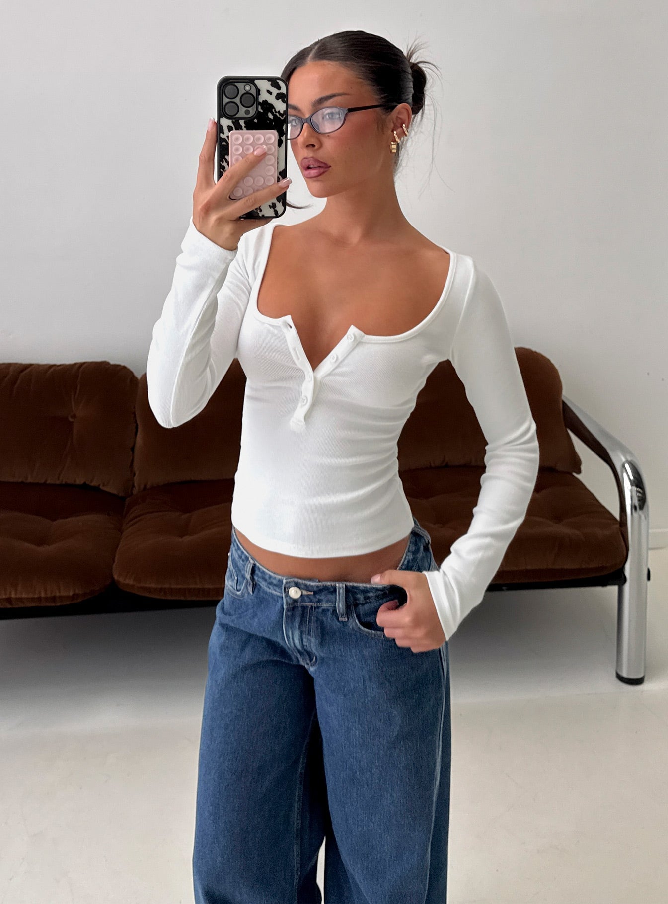 Keslie Beyaz Uzun Kollu Henley Tişört