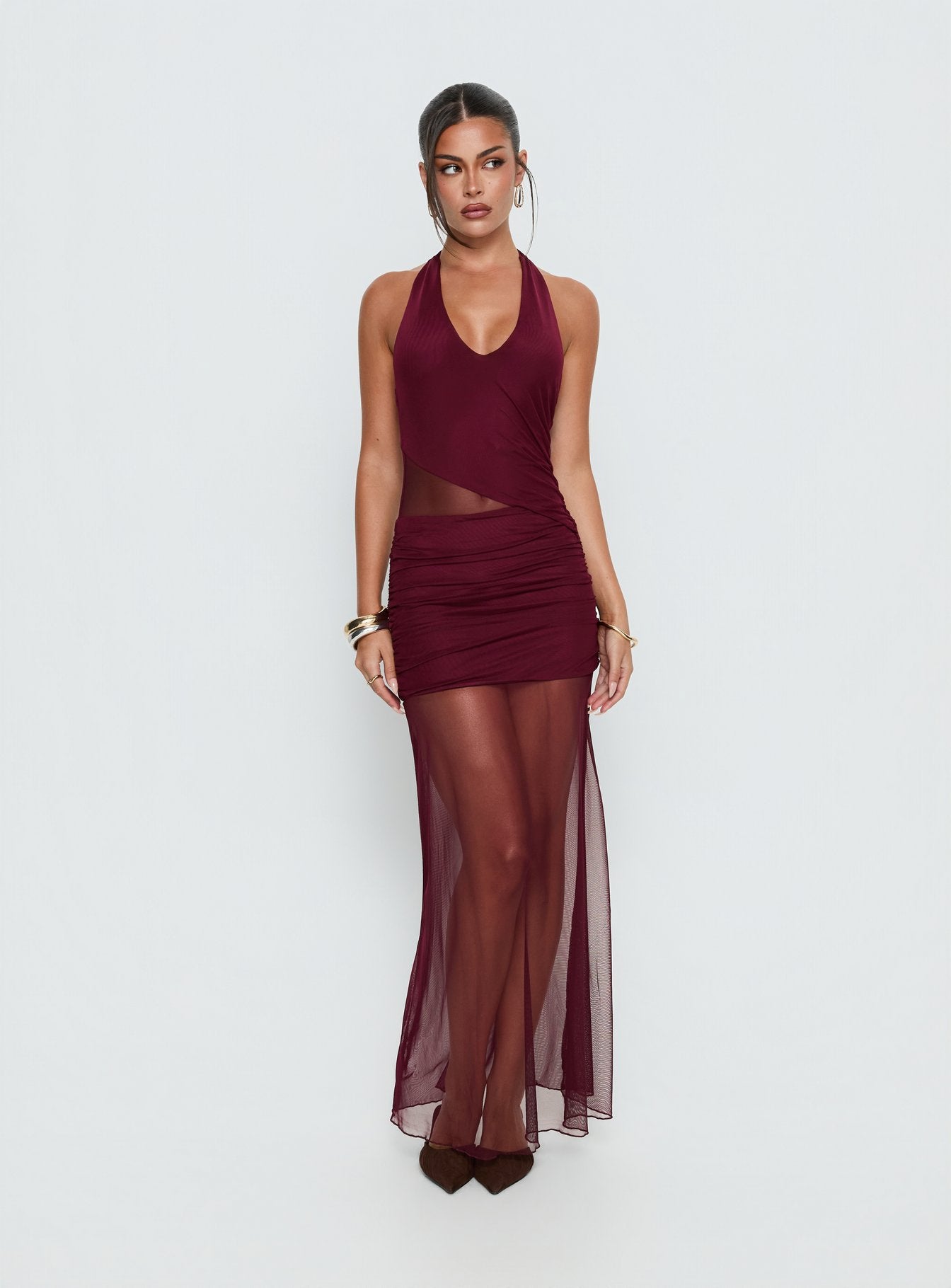 Bordo Şeffaf Maxi Elbise - Desta Halter Modası