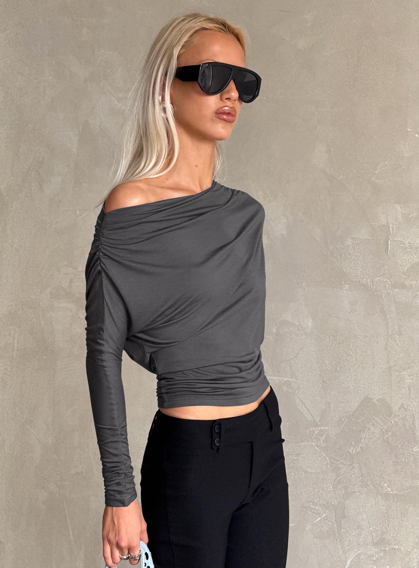Off Shoulder Antrasit Parti Bluzu