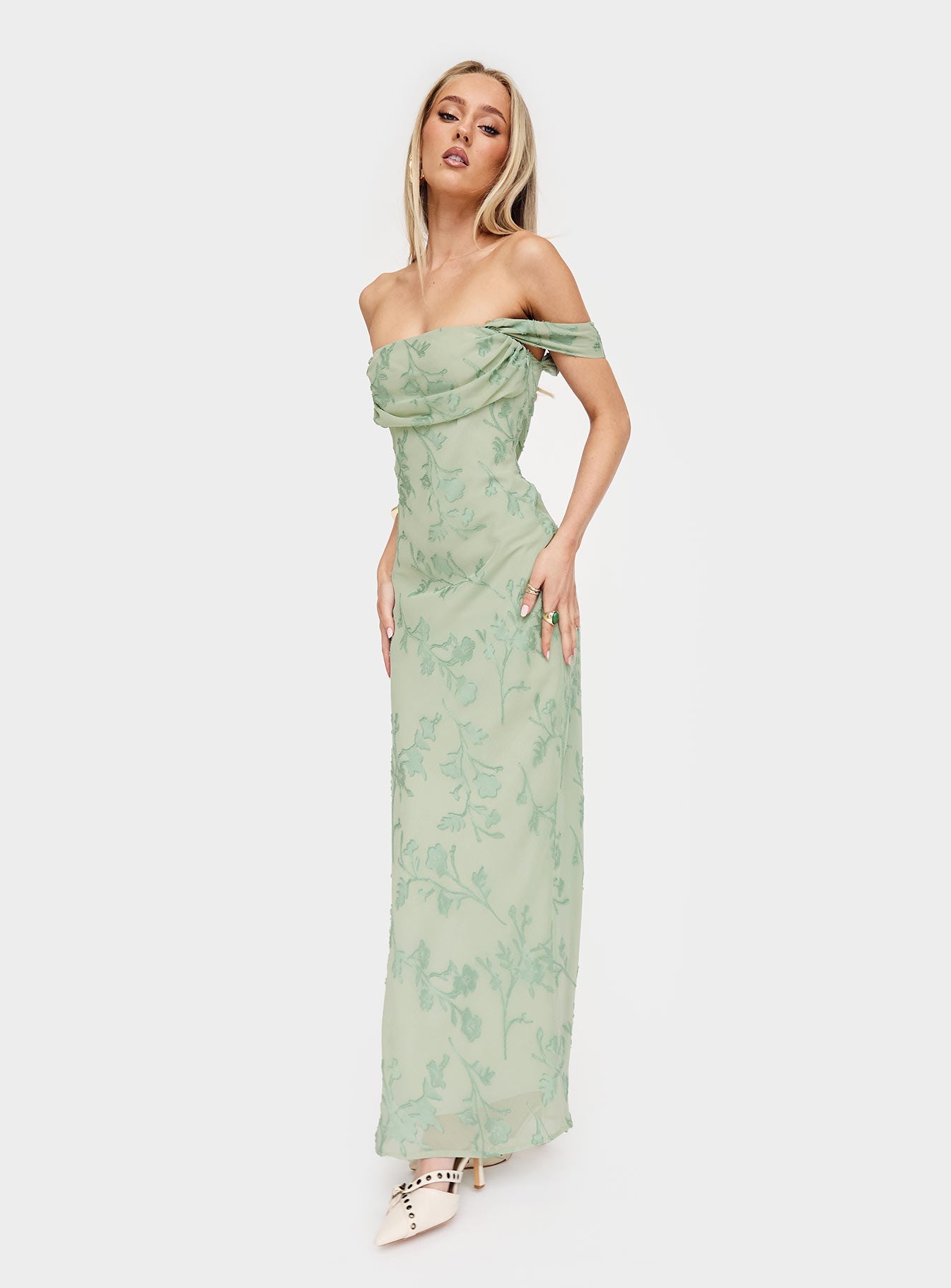 Azura Yeşil Yanık Off-Shoulder Maxi Elbise