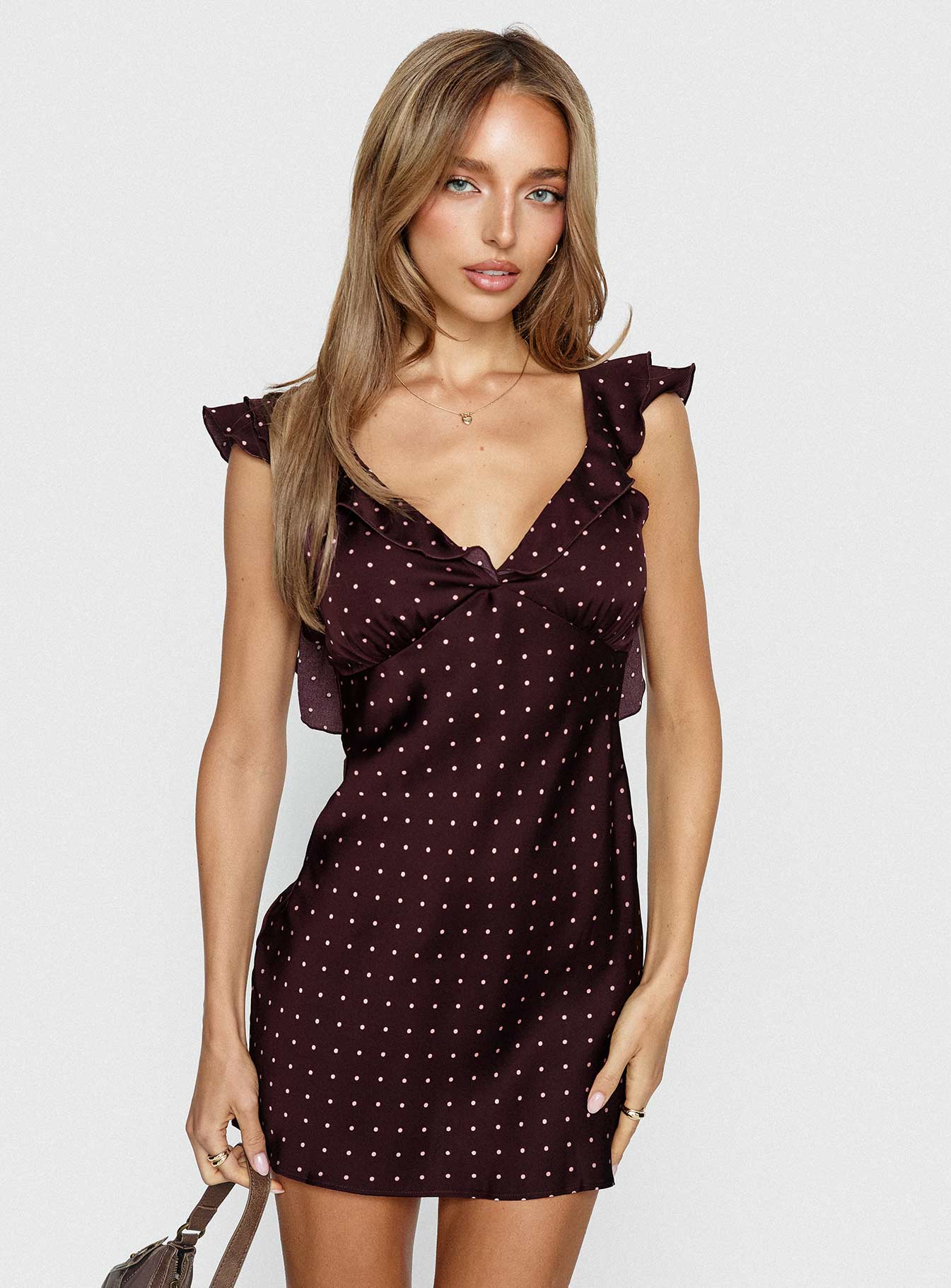 Bordo Puantiye Desenli Kamillah Volanlı Mini Elbise