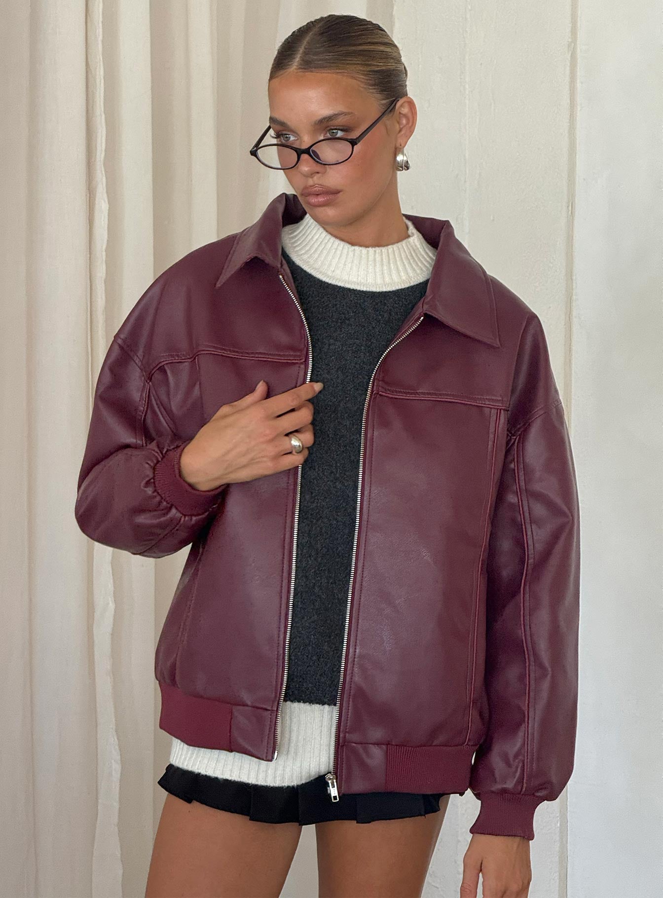 Bordo Altıncı Faux Deri Bomber Ceket