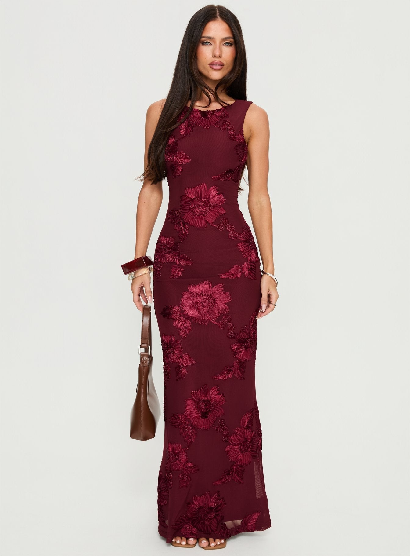 Bordo Fionna Çiçekli Maxi Elbise