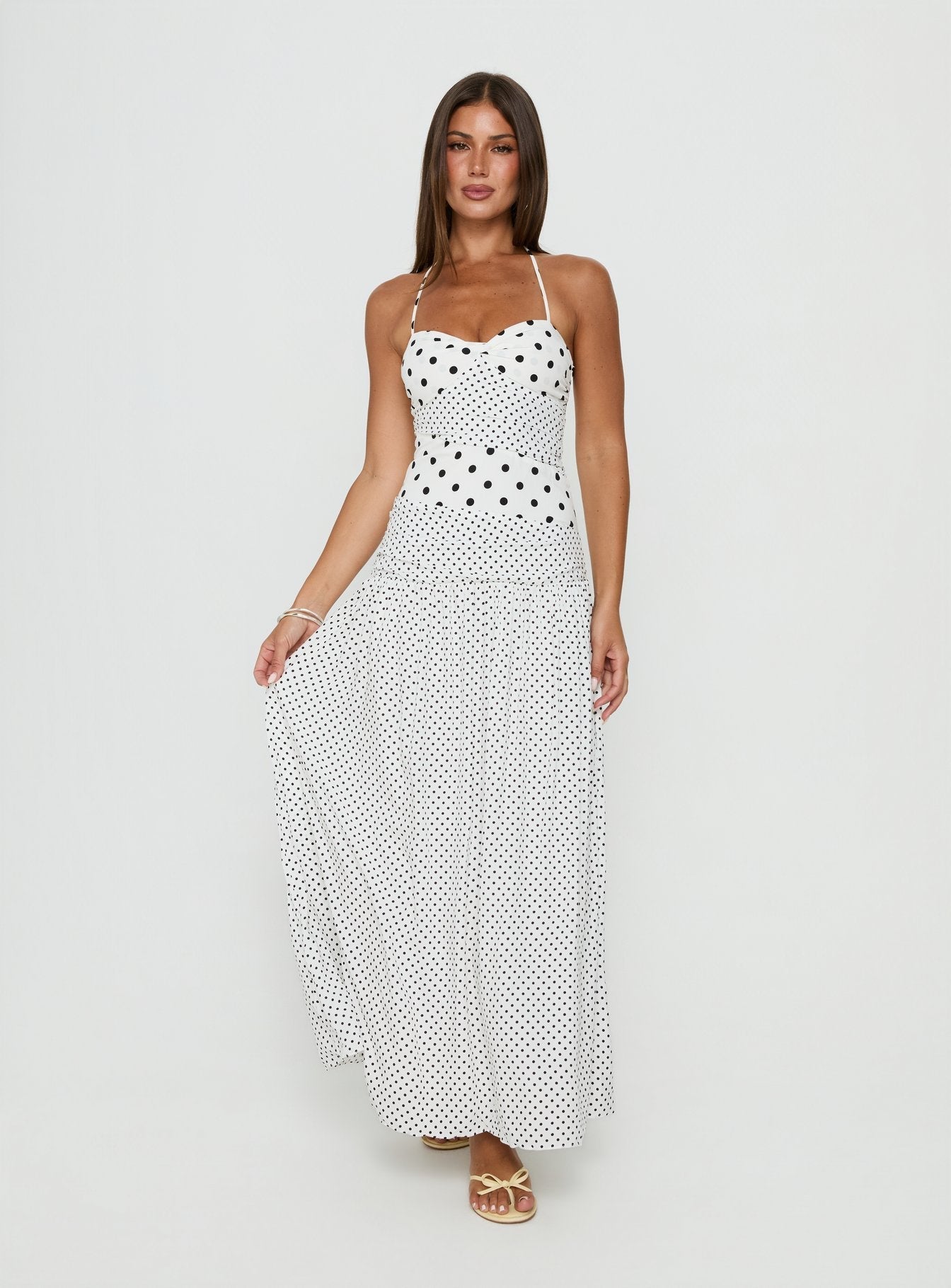 Puantiye Desenli Beyaz Halter Maxi Elbise