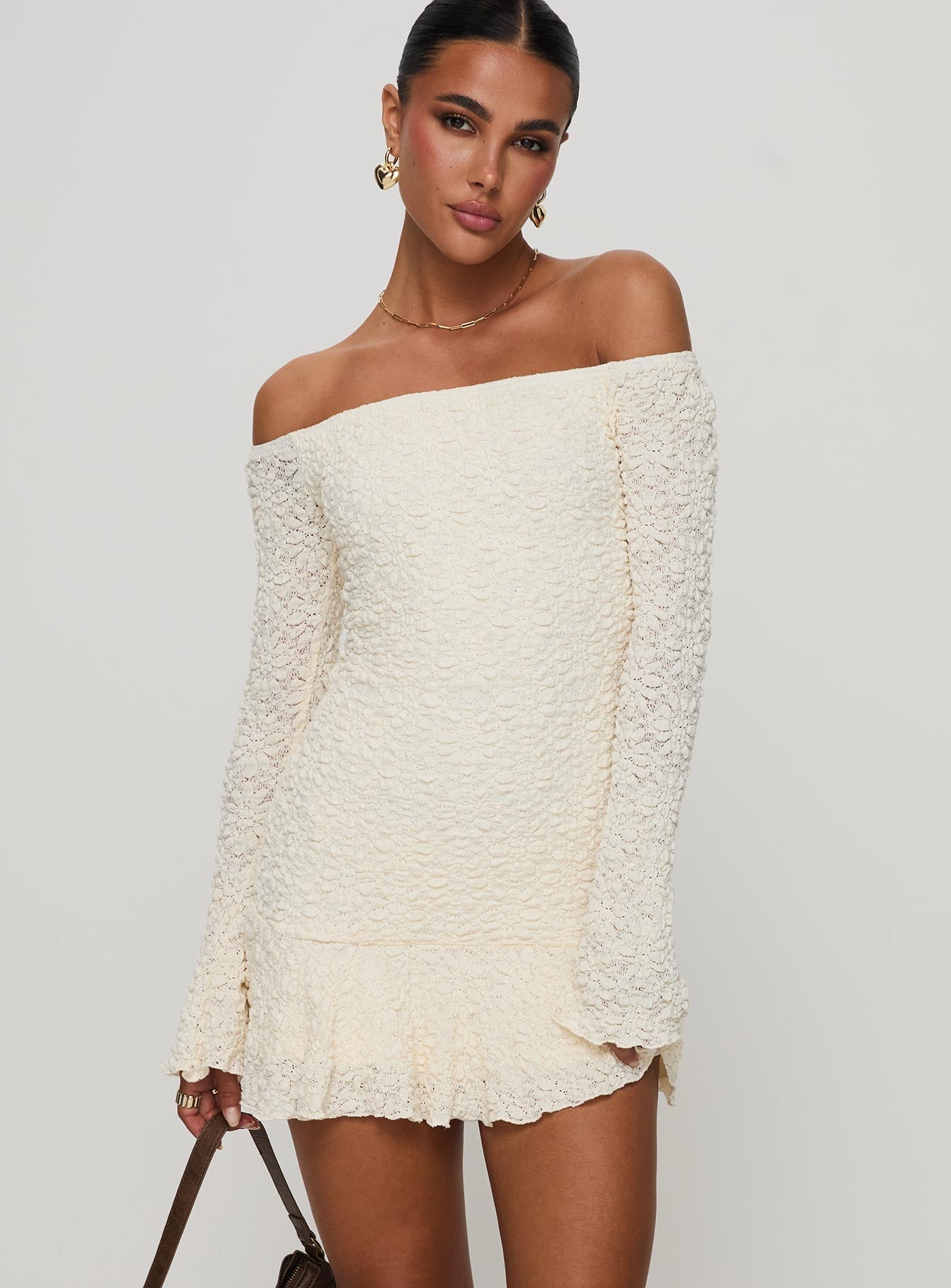 Vancesca Off Shoulder Uzun Kollu Krem Mini Elbise