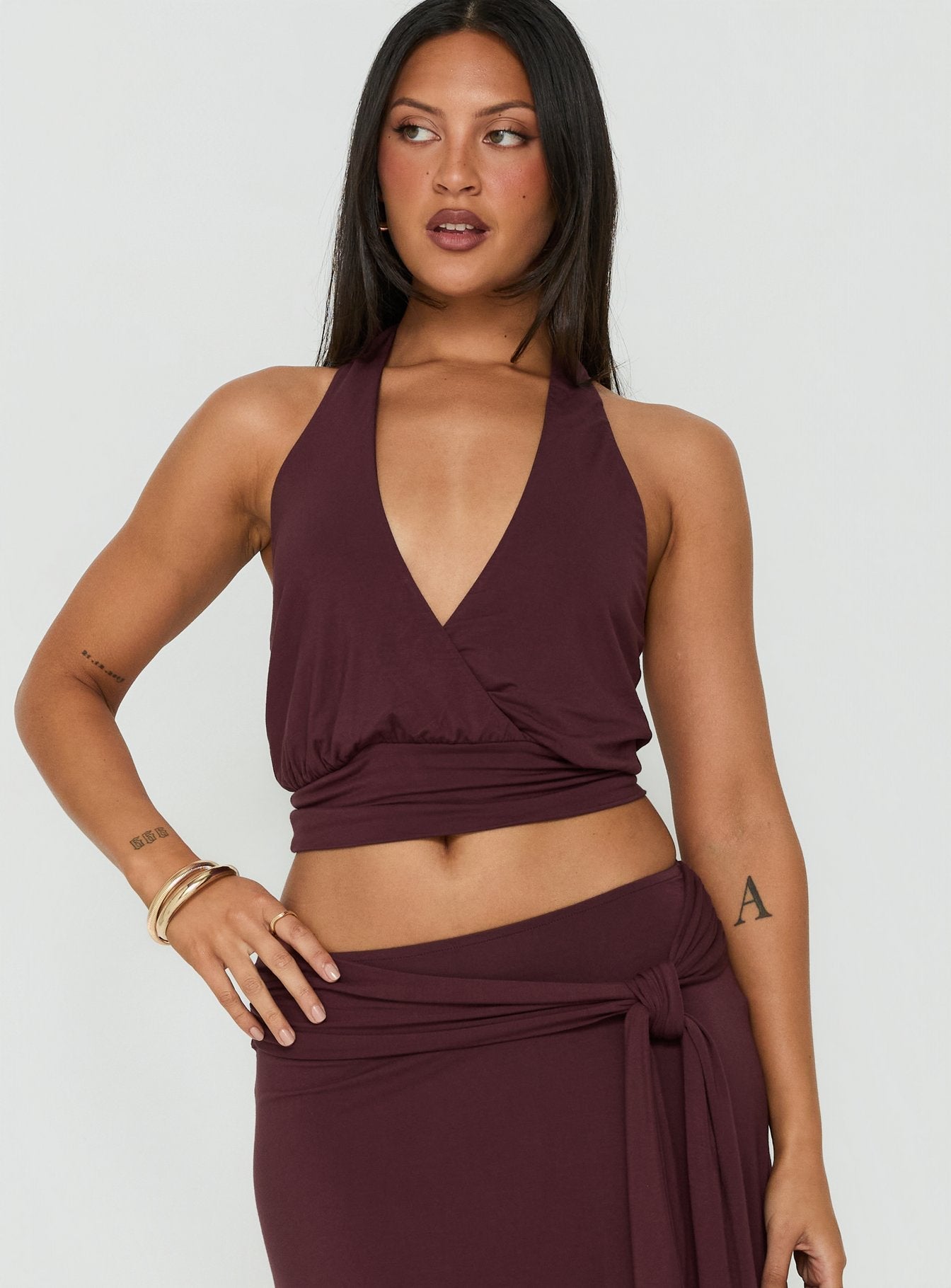 Arabele Koyu Mürdüm Anvelop Halter Crop Top