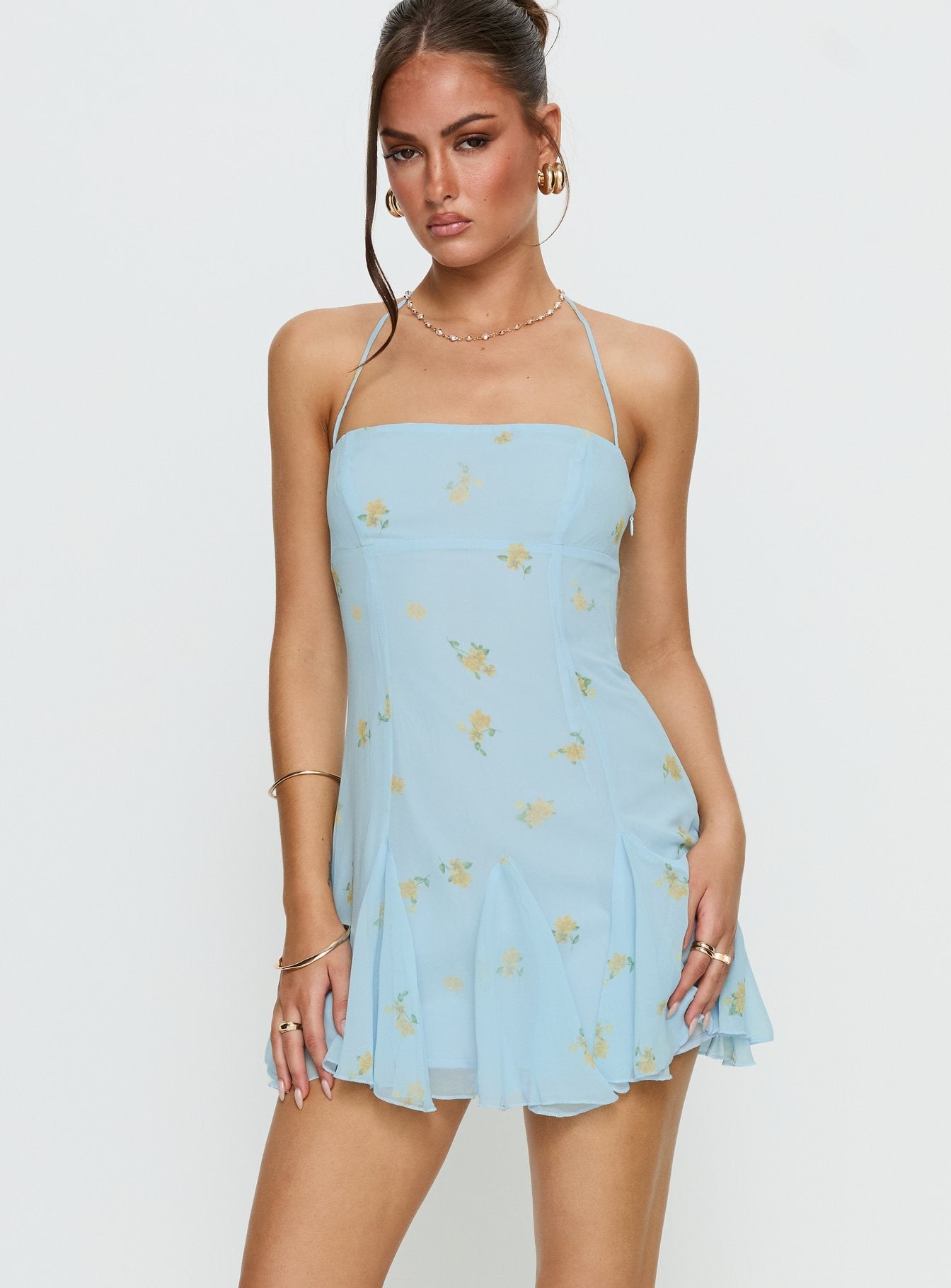 Delamere Pastel Mavi Çiçekli Mini Elbise