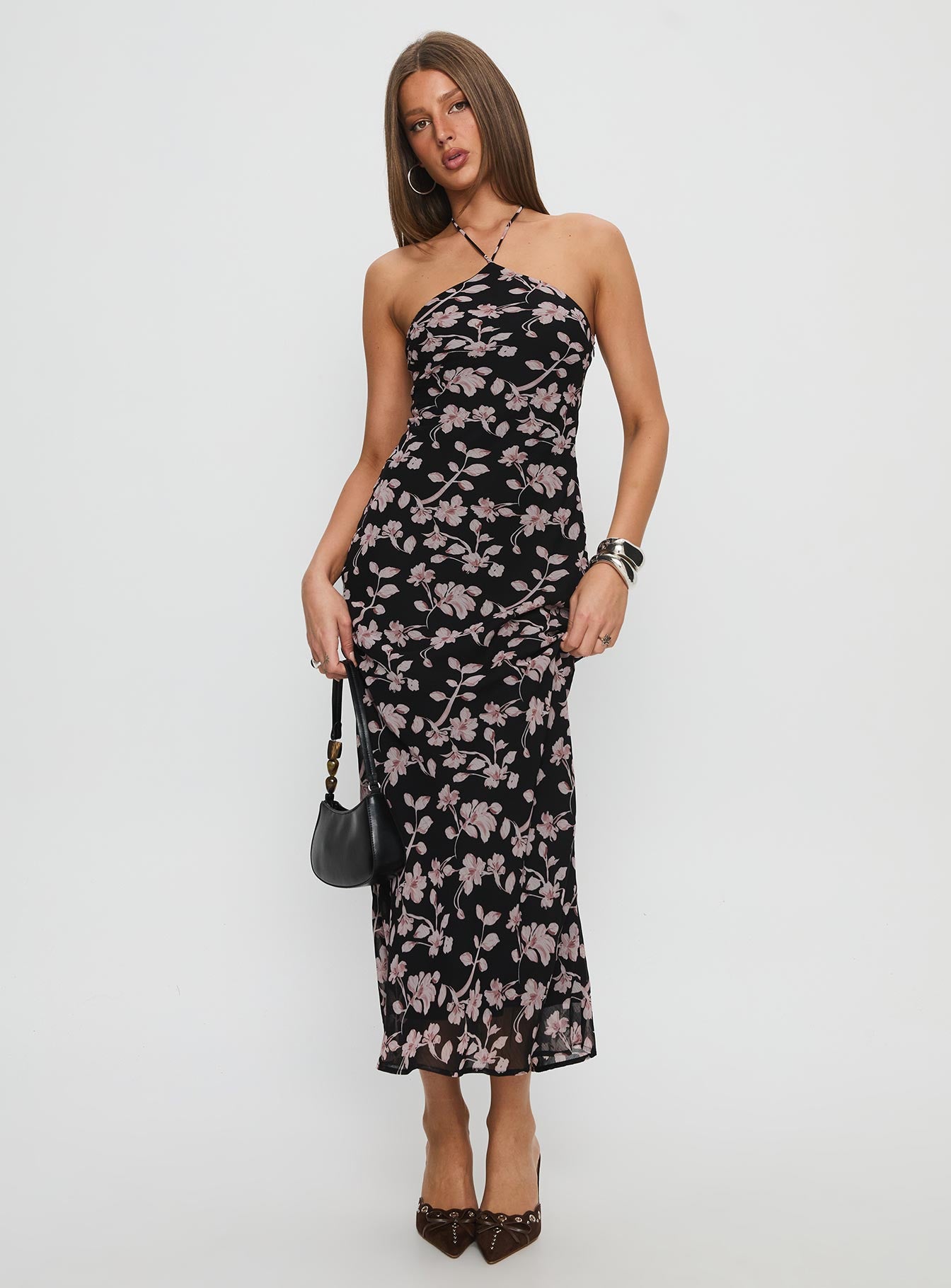 Anisa Siyah Çiçekli Halter Maxi Elbise