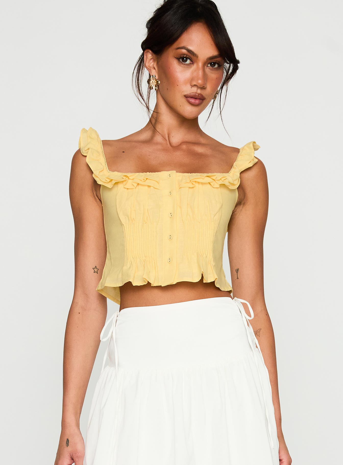 Isadoria Sarı Fırfırlı Keten Karışımlı Crop Top
