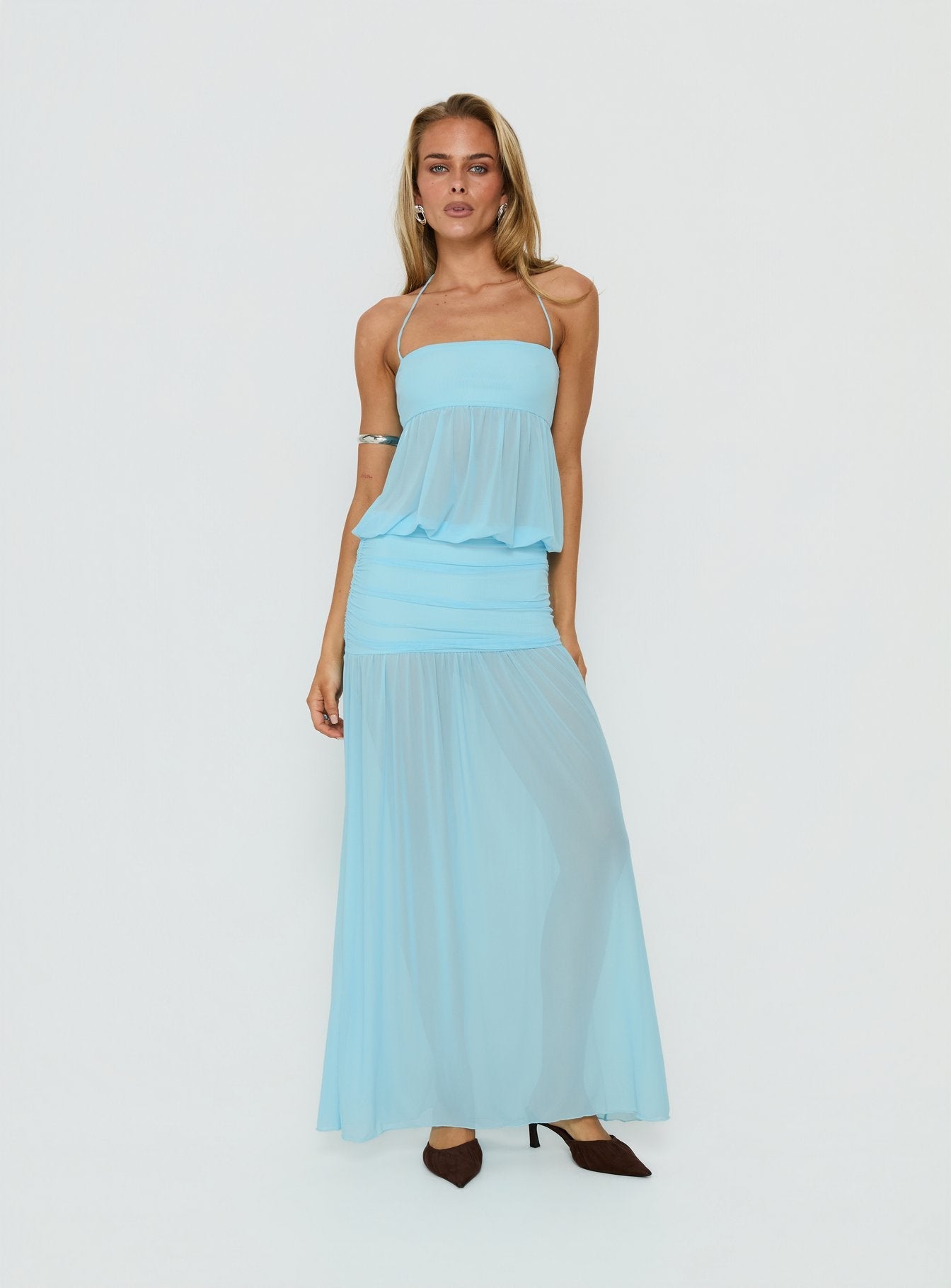 Jesemia Mavi Halter Yaka Maxi Elbise