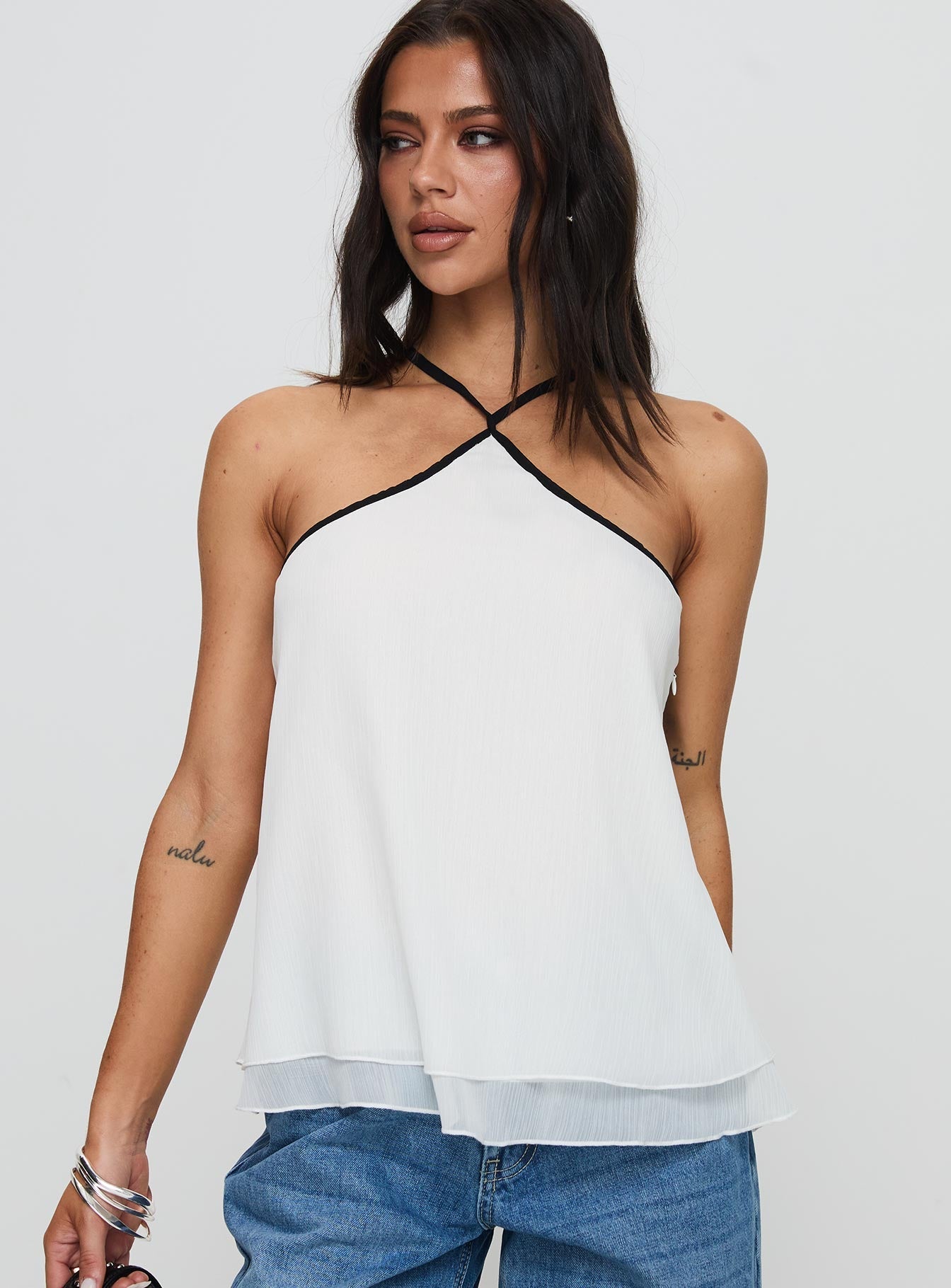 Rafaella Krem Kontrast Biyeli Halter Top