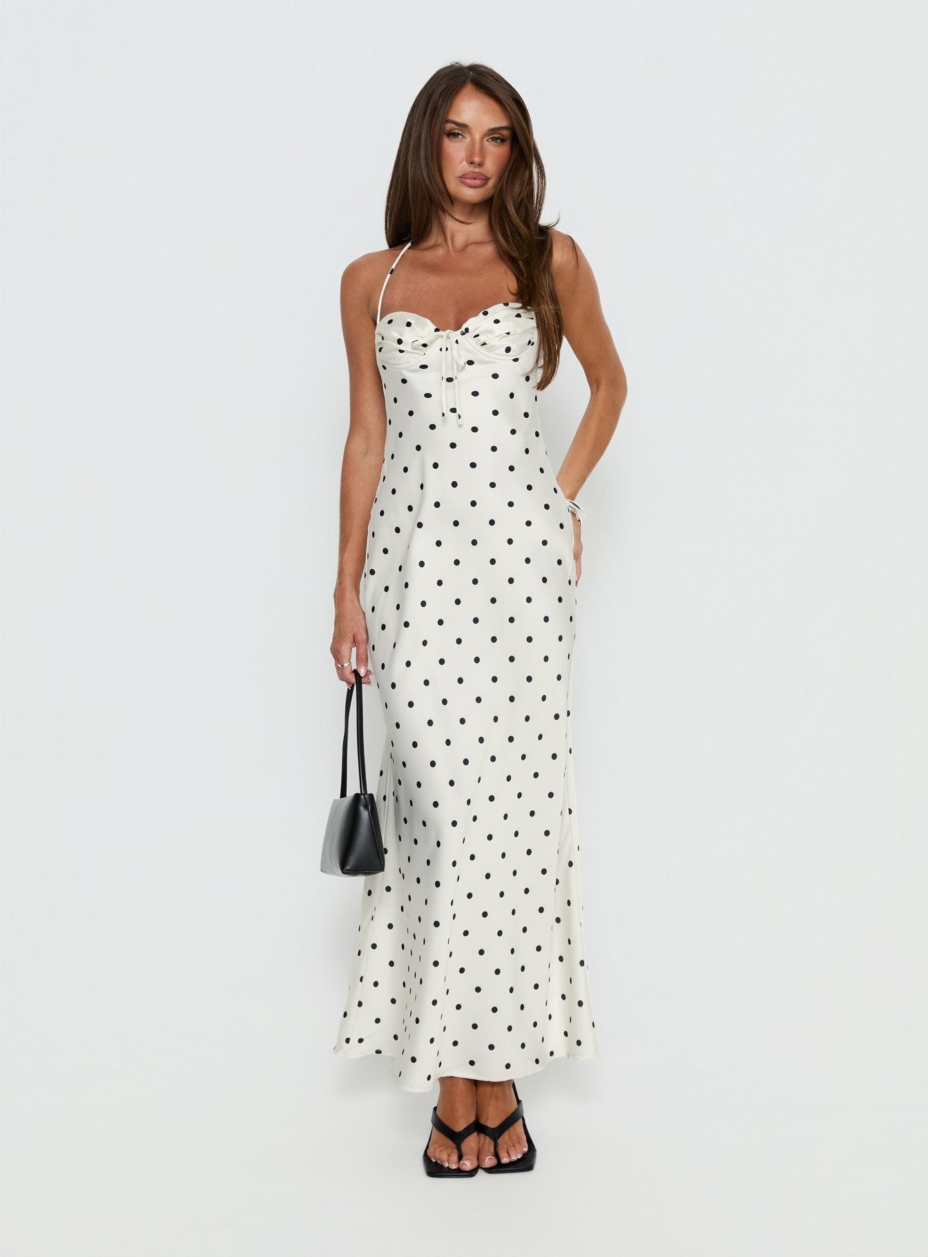 Costella Krem Puantiye Halter Yaka Saten Maxi Elbise