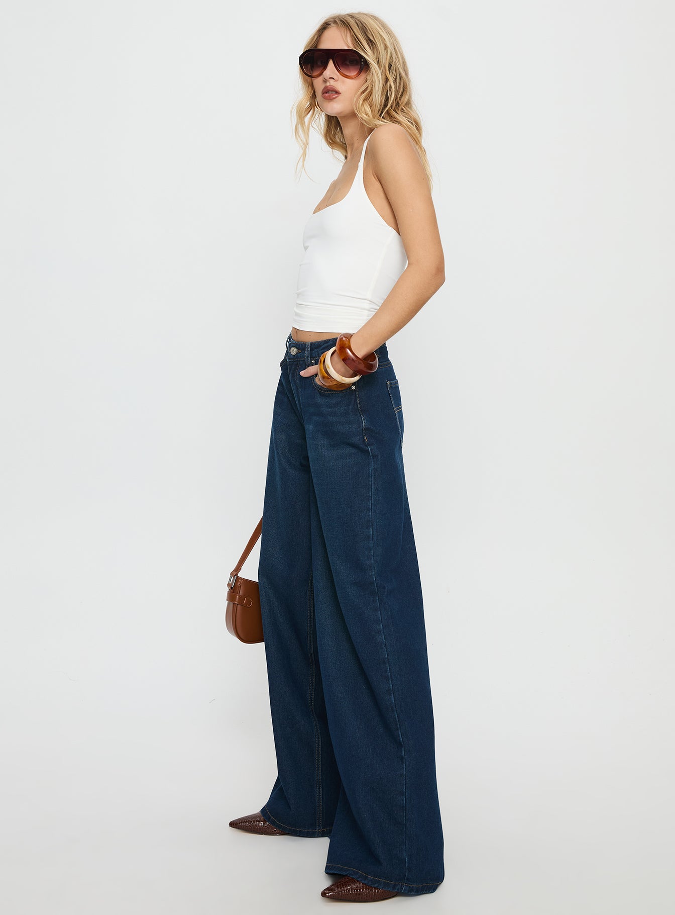 Naylor Orta Bel Geniş Paça Mavi Denim Pantolon