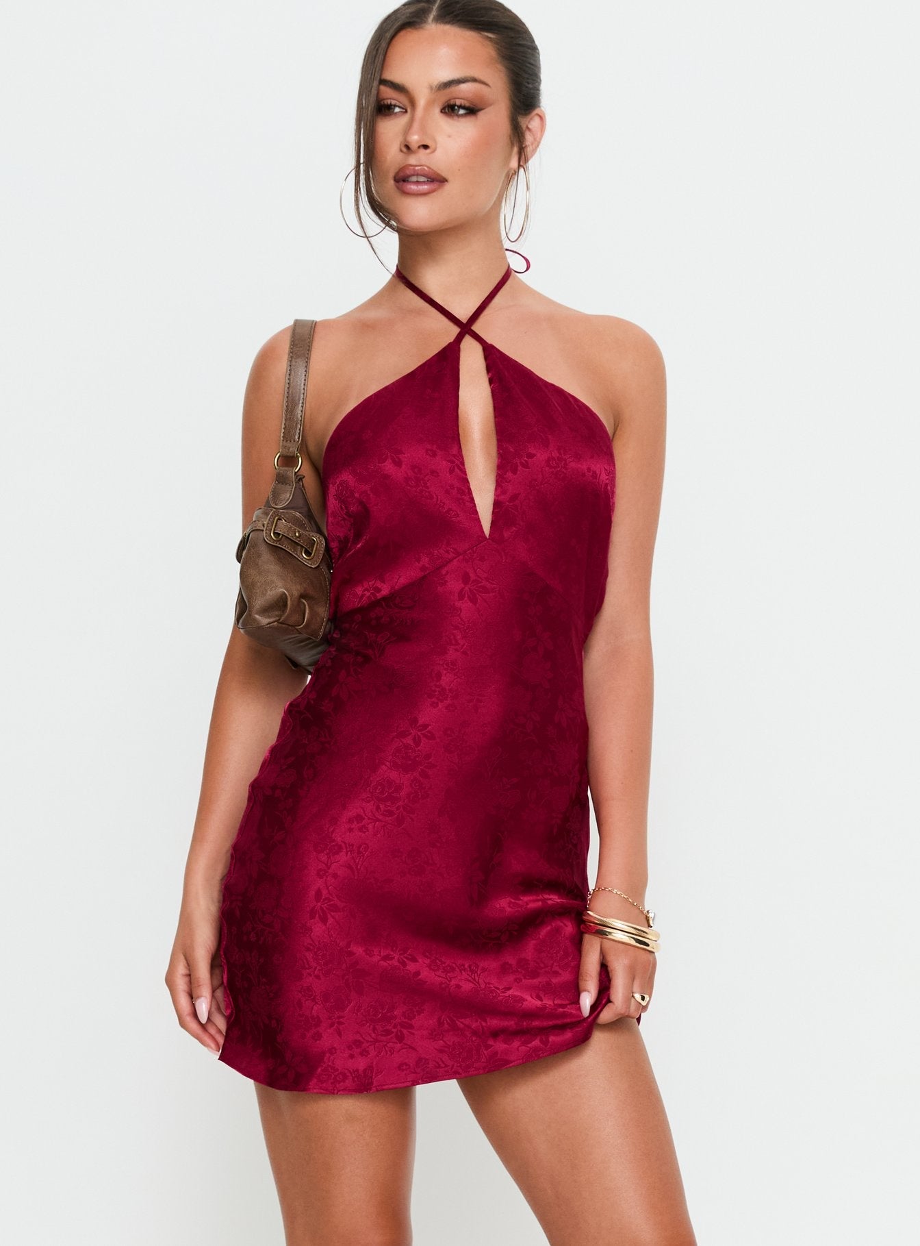 Bordo Vanezia Halter Mini Elbise