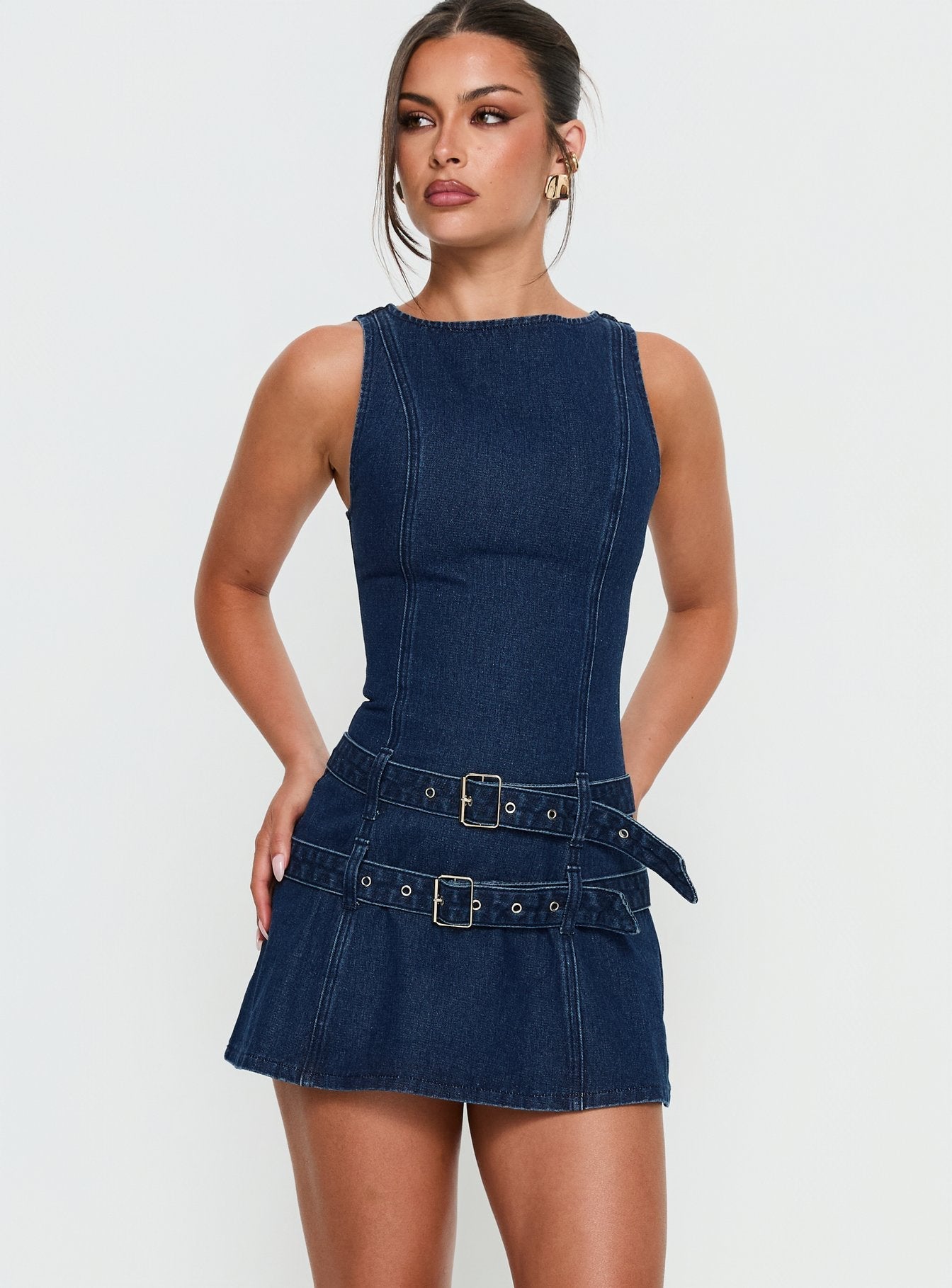 Kainer Koyu Mavi Yıkamalı Tokalı Denim Mini Elbise