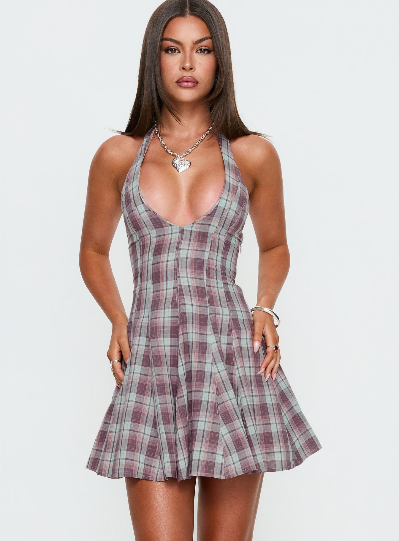 Bordo/Pembe Kare Desenli Mini Halter Elbise