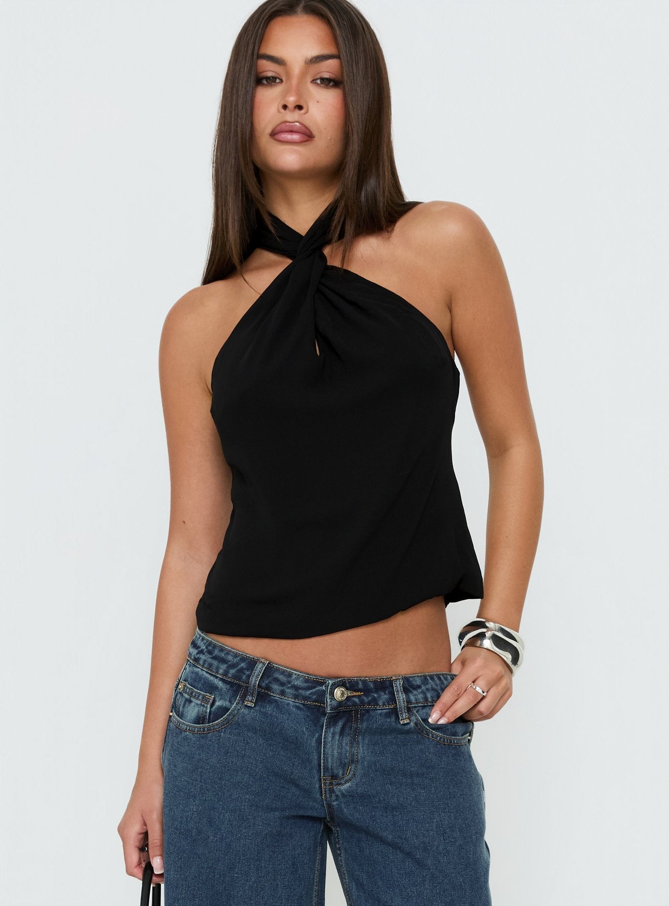 Adalynne Siyah Burgulu Crop Top