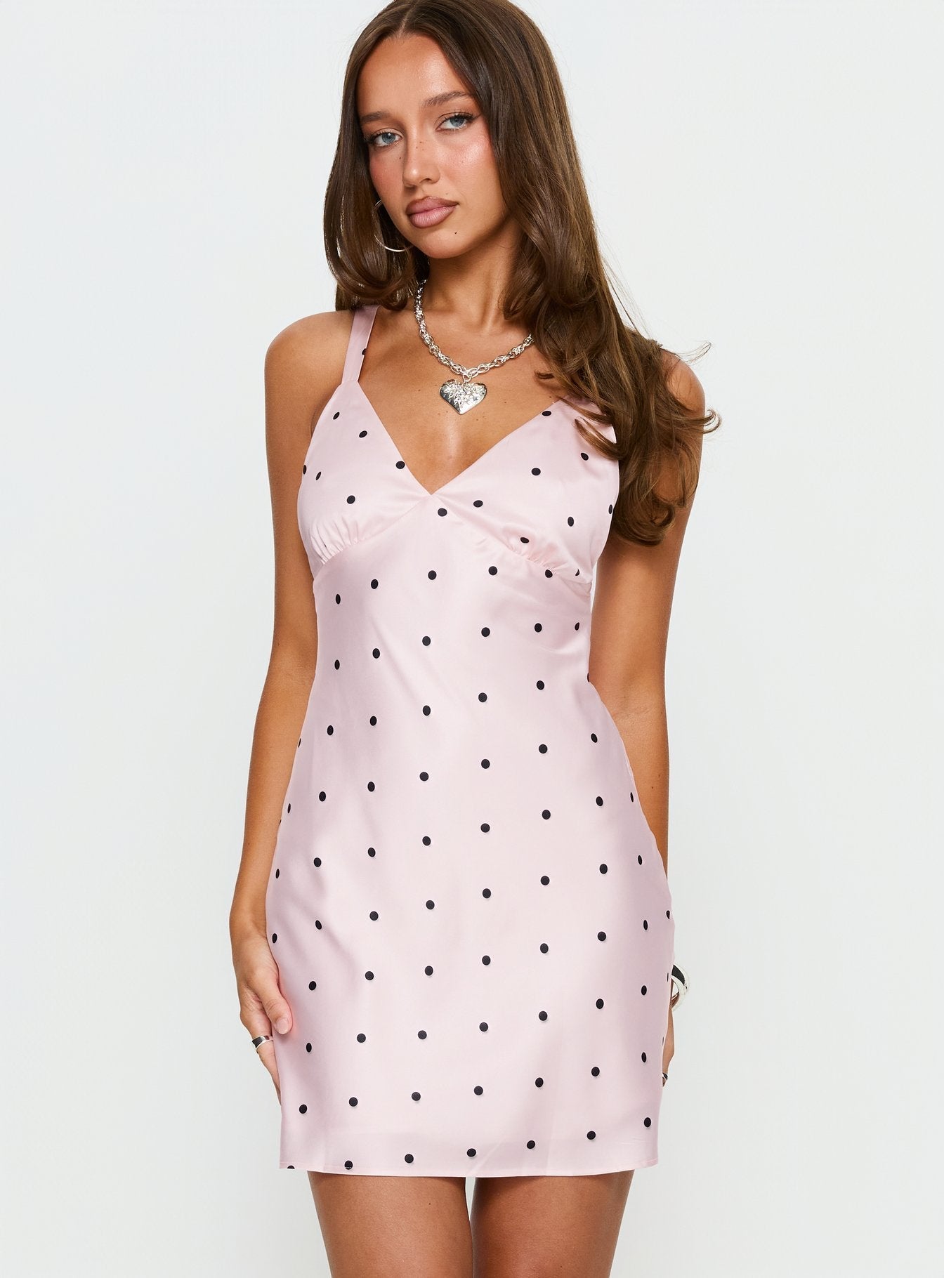 Rosabelle Pembe Puantiye Saten Mini Elbise