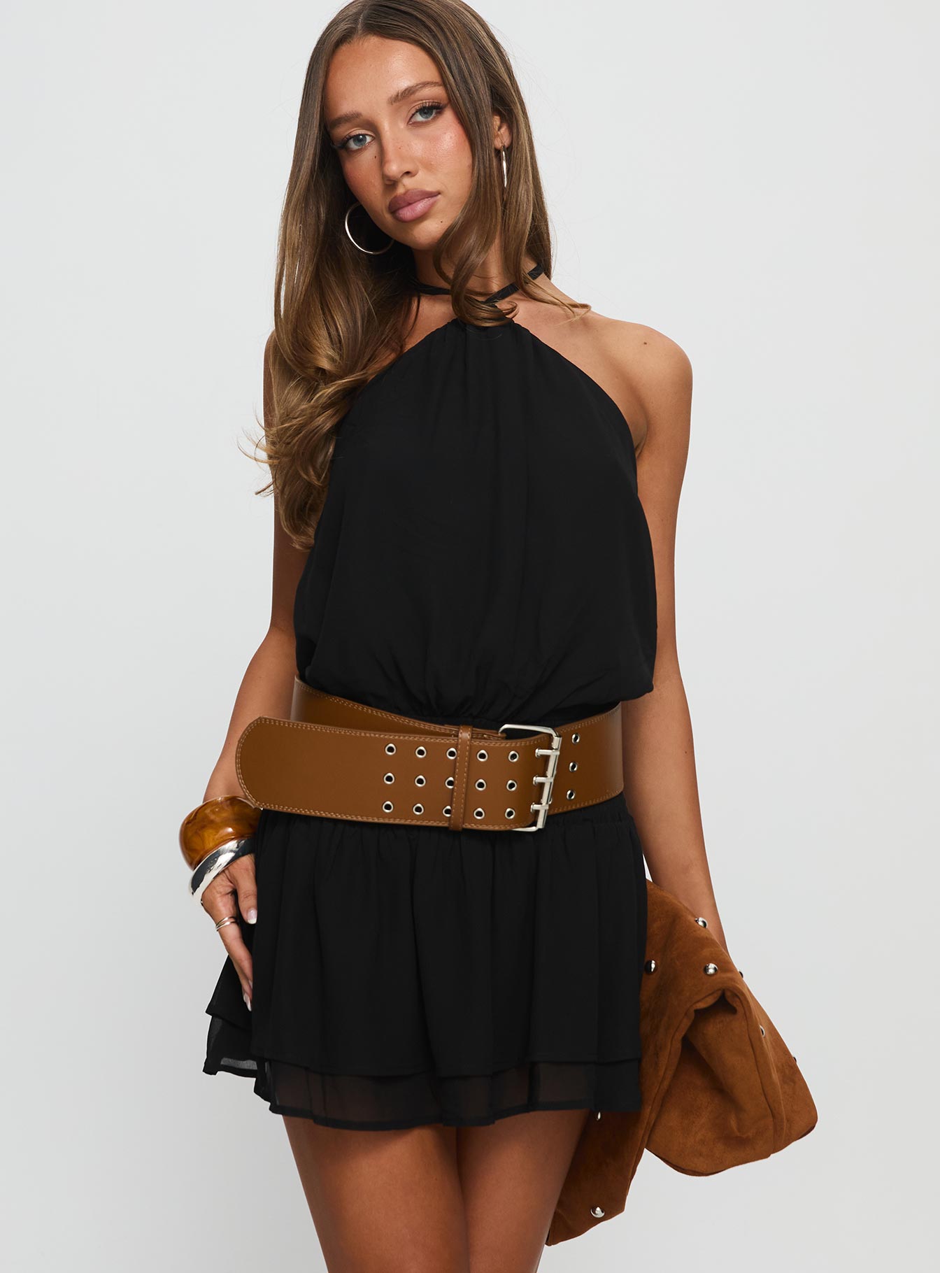 Khamira Siyah Halter Yaka Mini Elbise