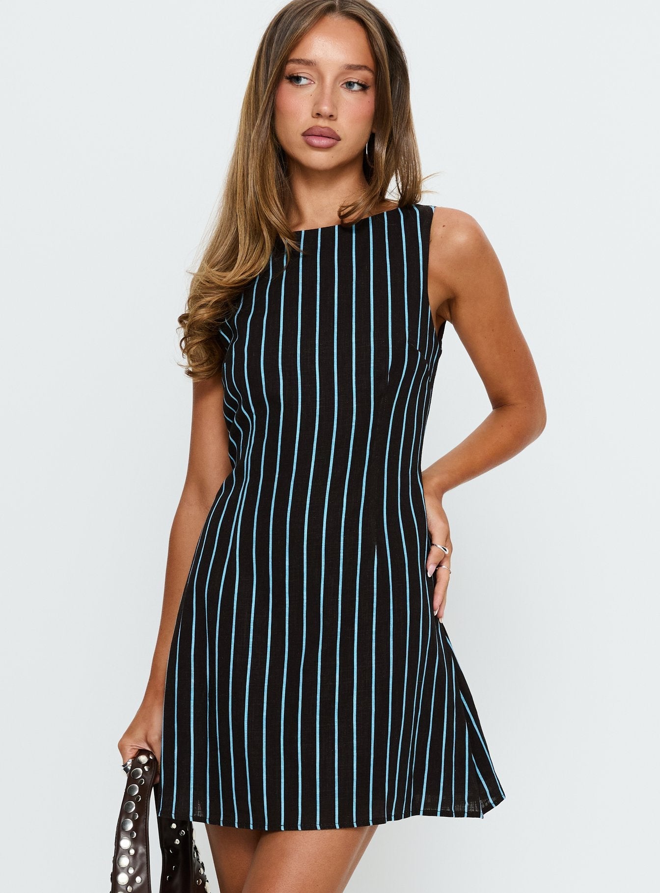 Alfalfa Shift Mini Elbise - Kahverengi ve Mavi Çizgili