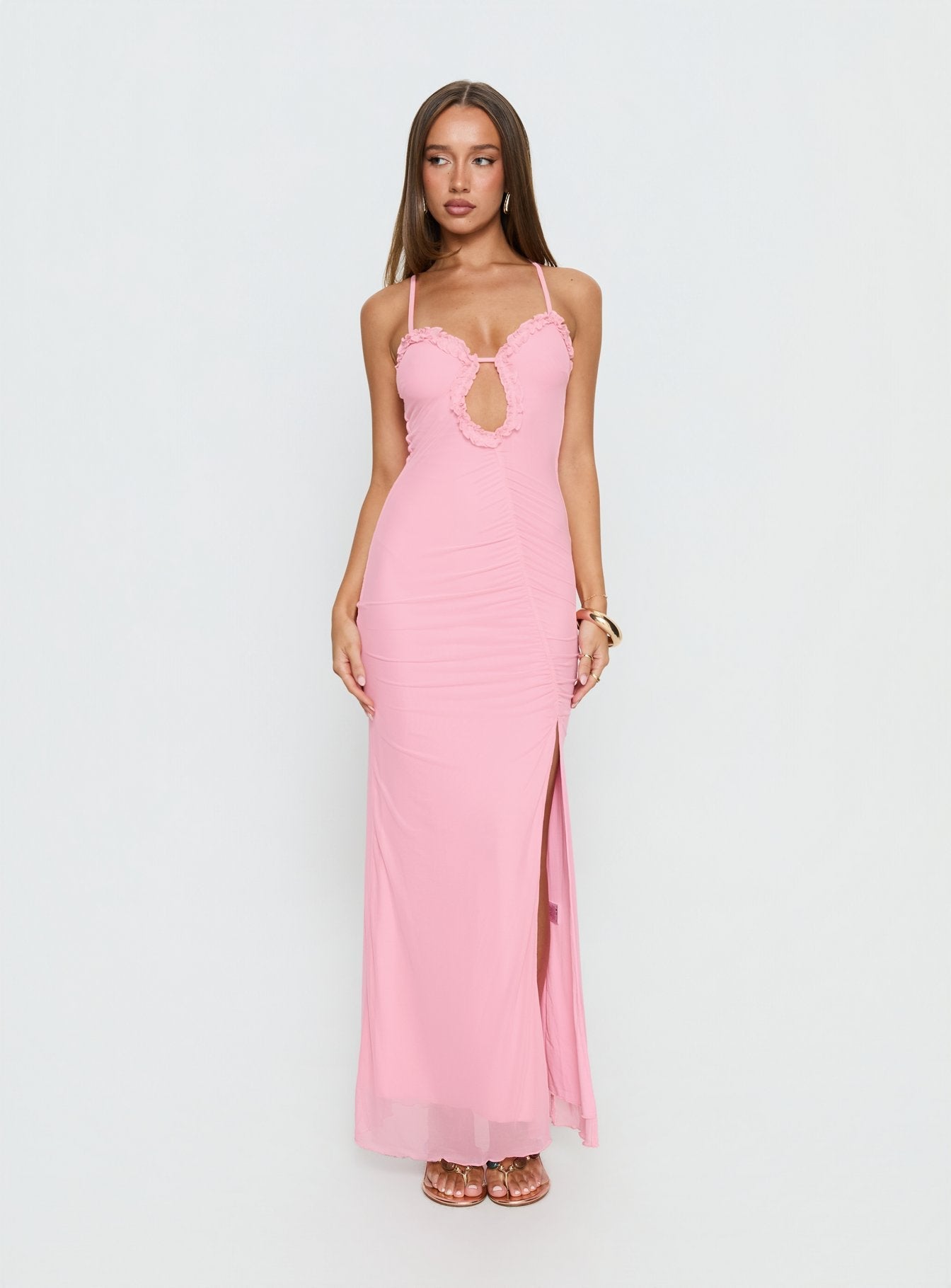 Soulina Pembe Fırfırlı Maxi Elbise