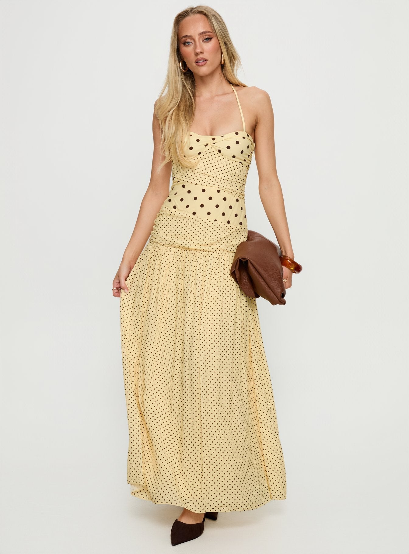 Marguerite Halter Maxi Elbise - Limon Kahverengi Puantiye