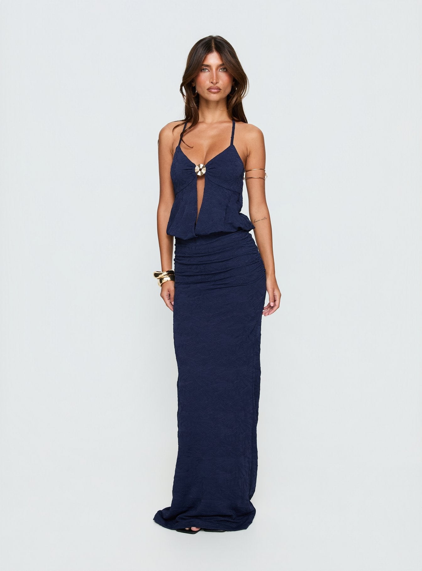 Sungold Lacivert Halter Yaka Maxi Elbise