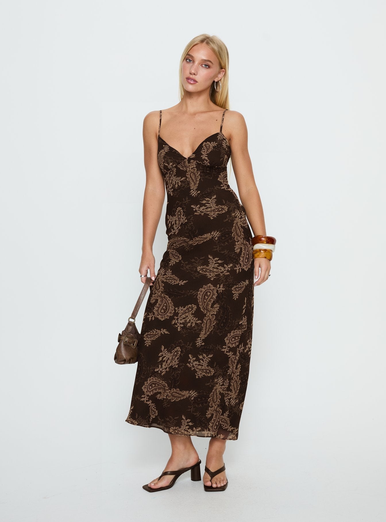 Jemimah V Yaka Kahverengi Paisley Maxi Elbise
