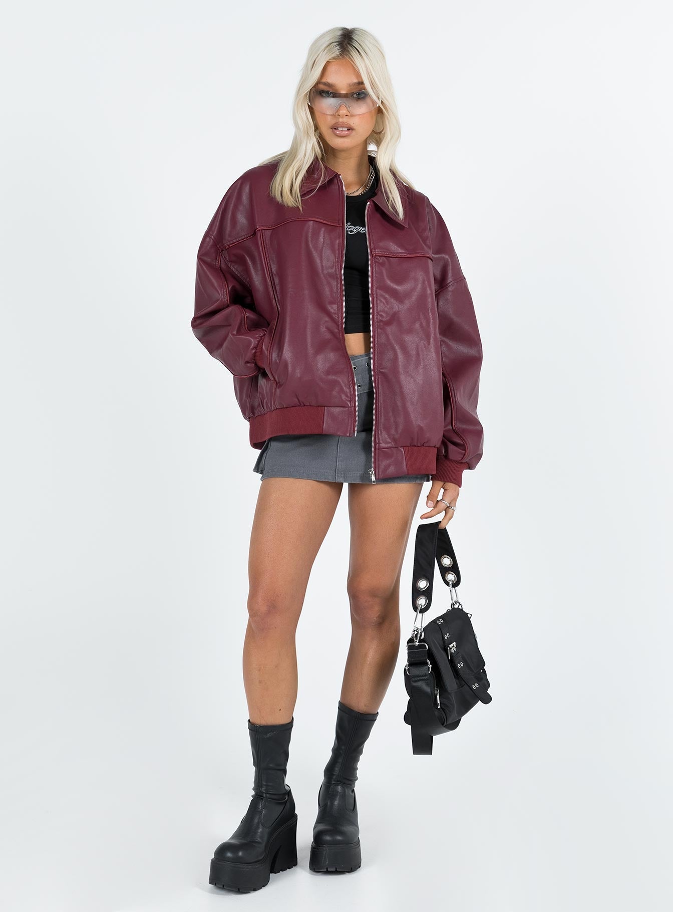 Bordo Altıncı Faux Deri Bomber Ceket