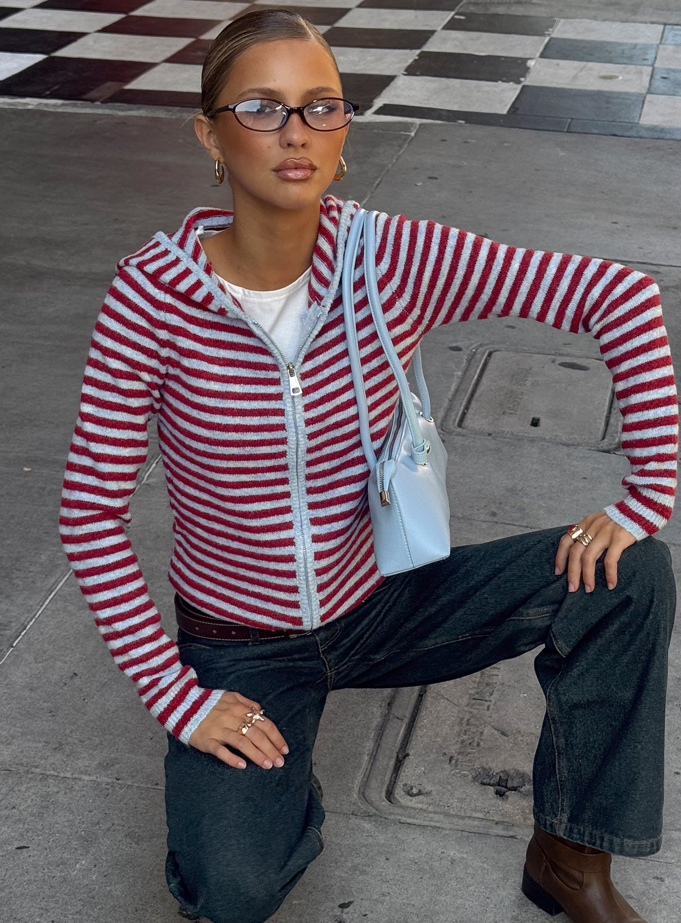 Yıldız Desenli Kapüşonlu Sweatshirt - Mavi/Kırmızı