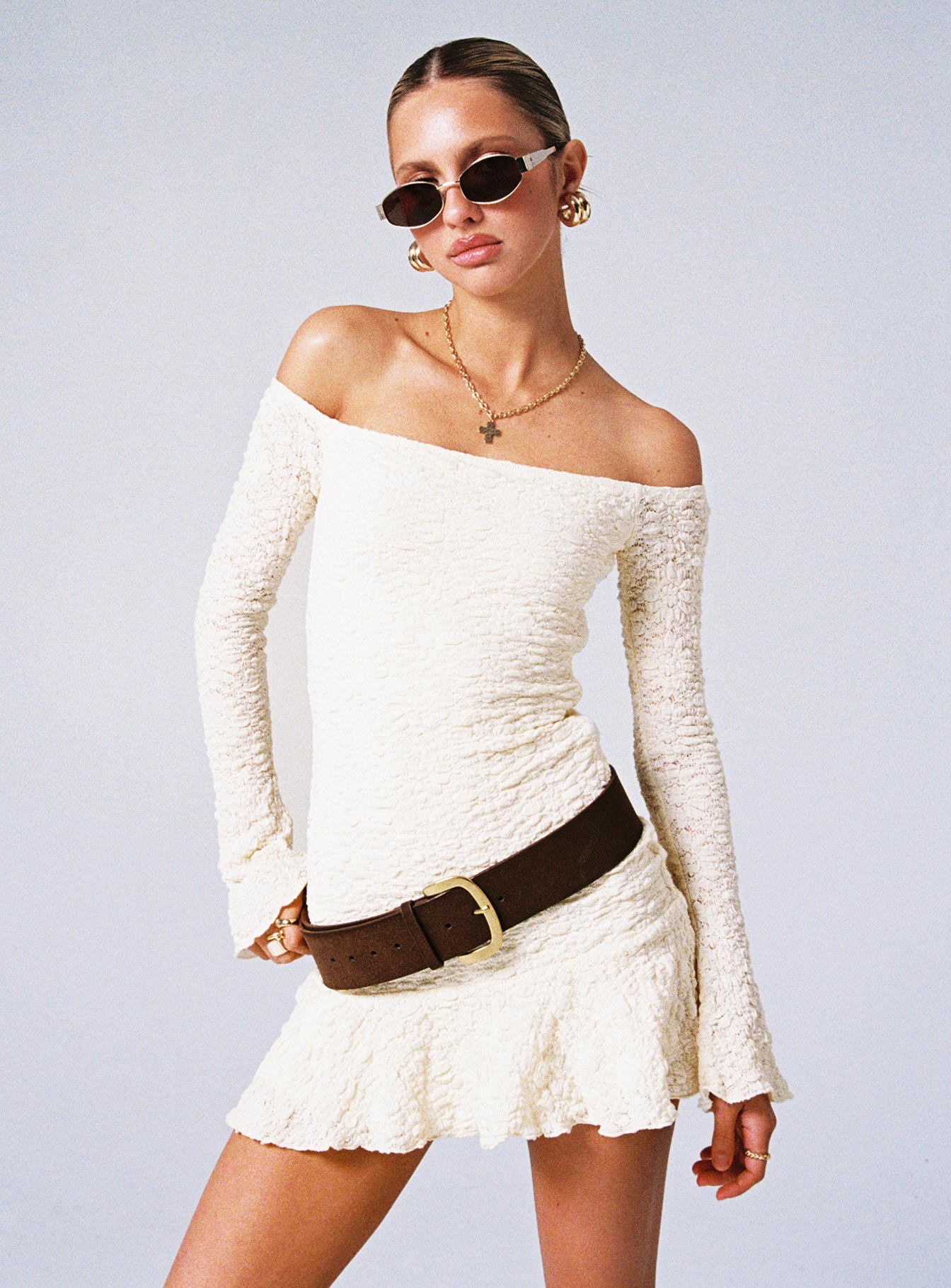 Vancesca Off Shoulder Uzun Kollu Krem Mini Elbise