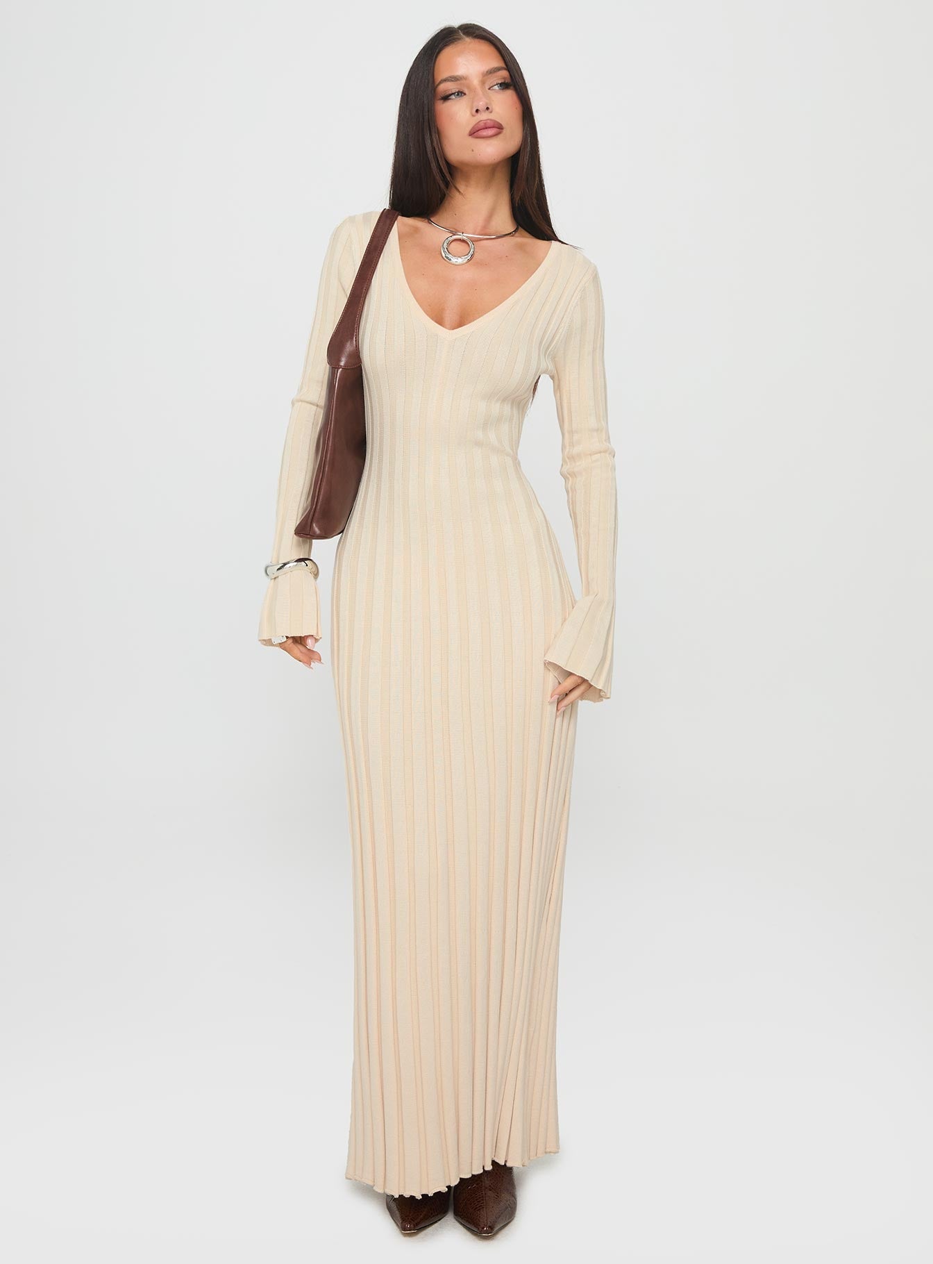 Ücretsiz Krem Renk Uzun Kollu Ribana Maxi Elbise