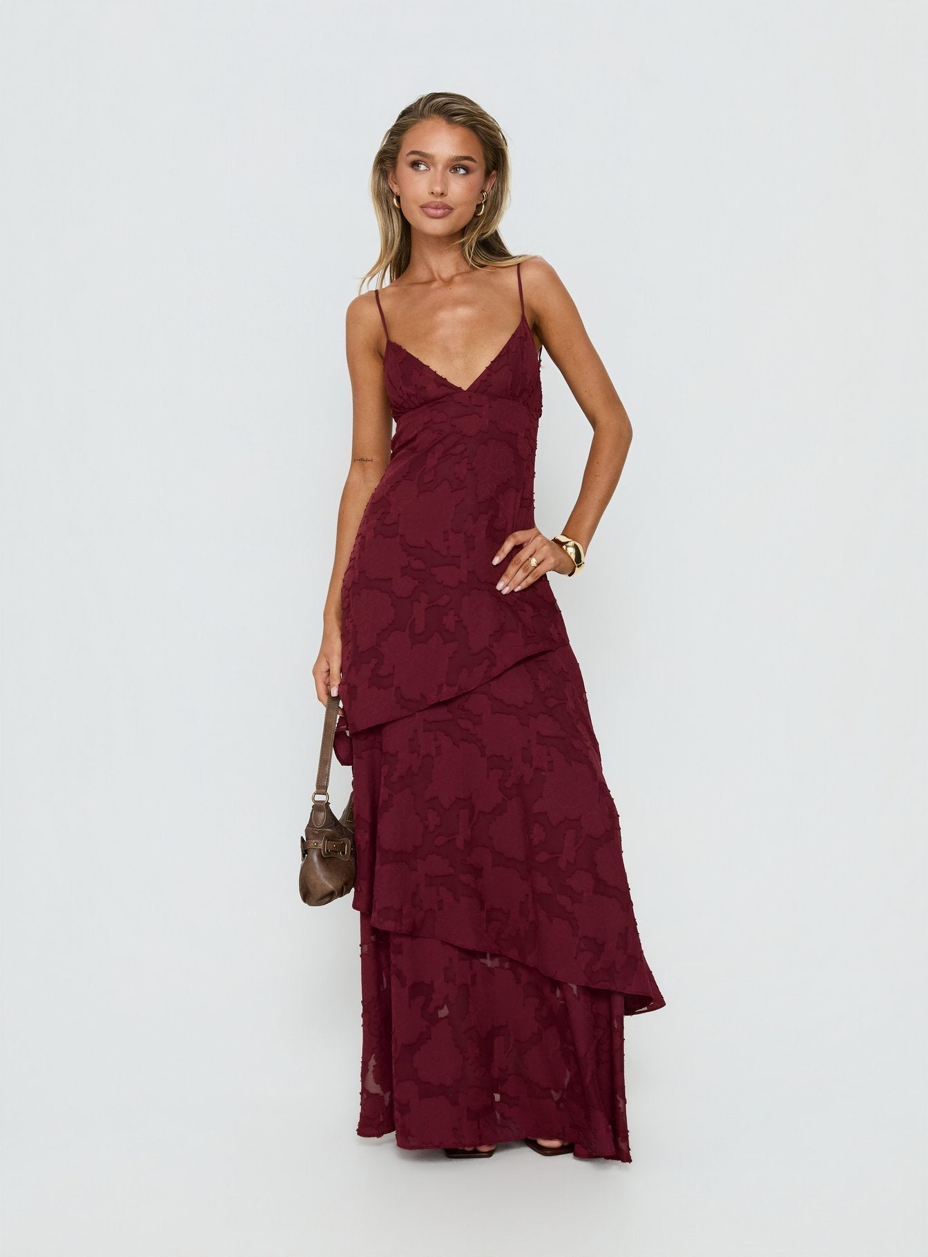 Lyricah Bordo Katlı Bağlama Detaylı Maxi Elbise