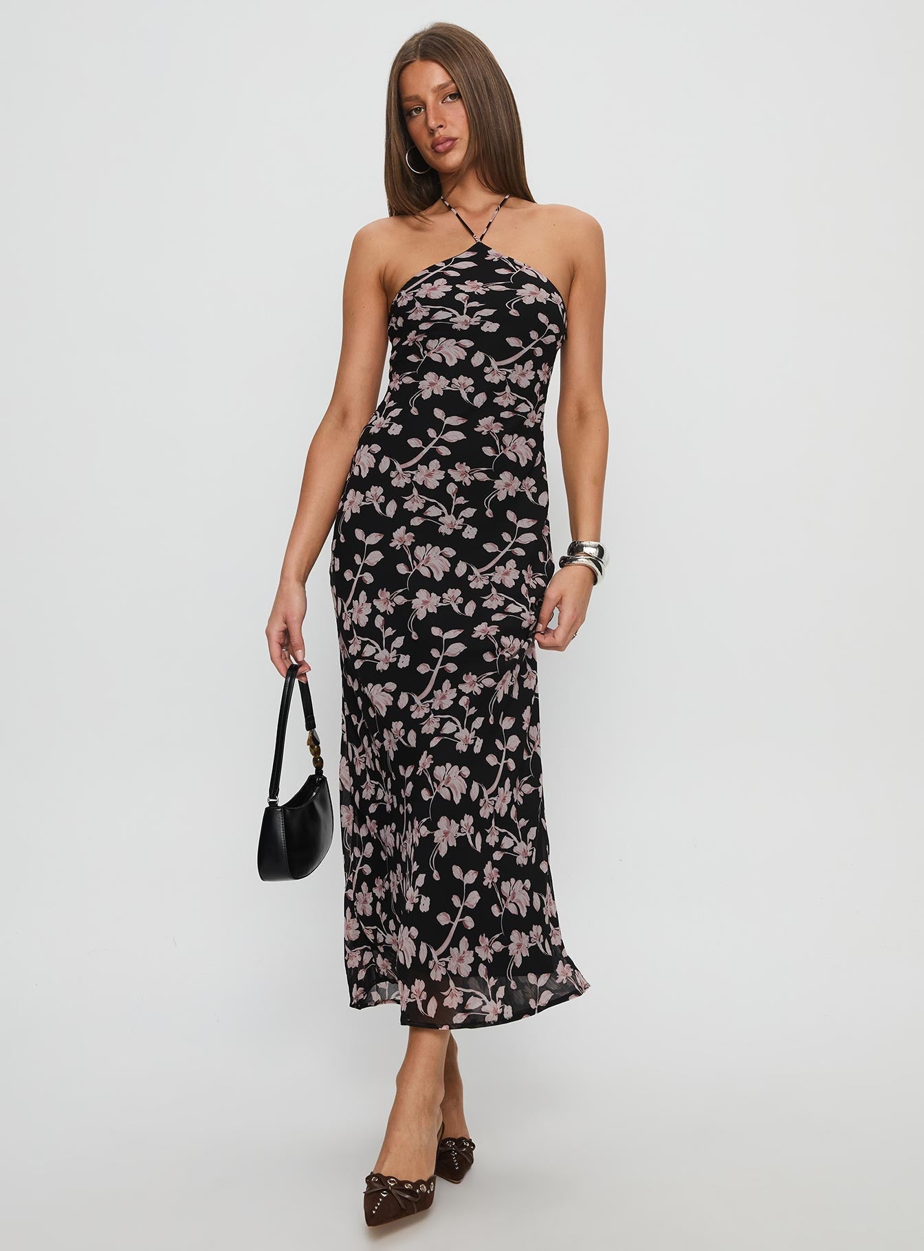 Anisa Siyah Çiçekli Halter Maxi Elbise
