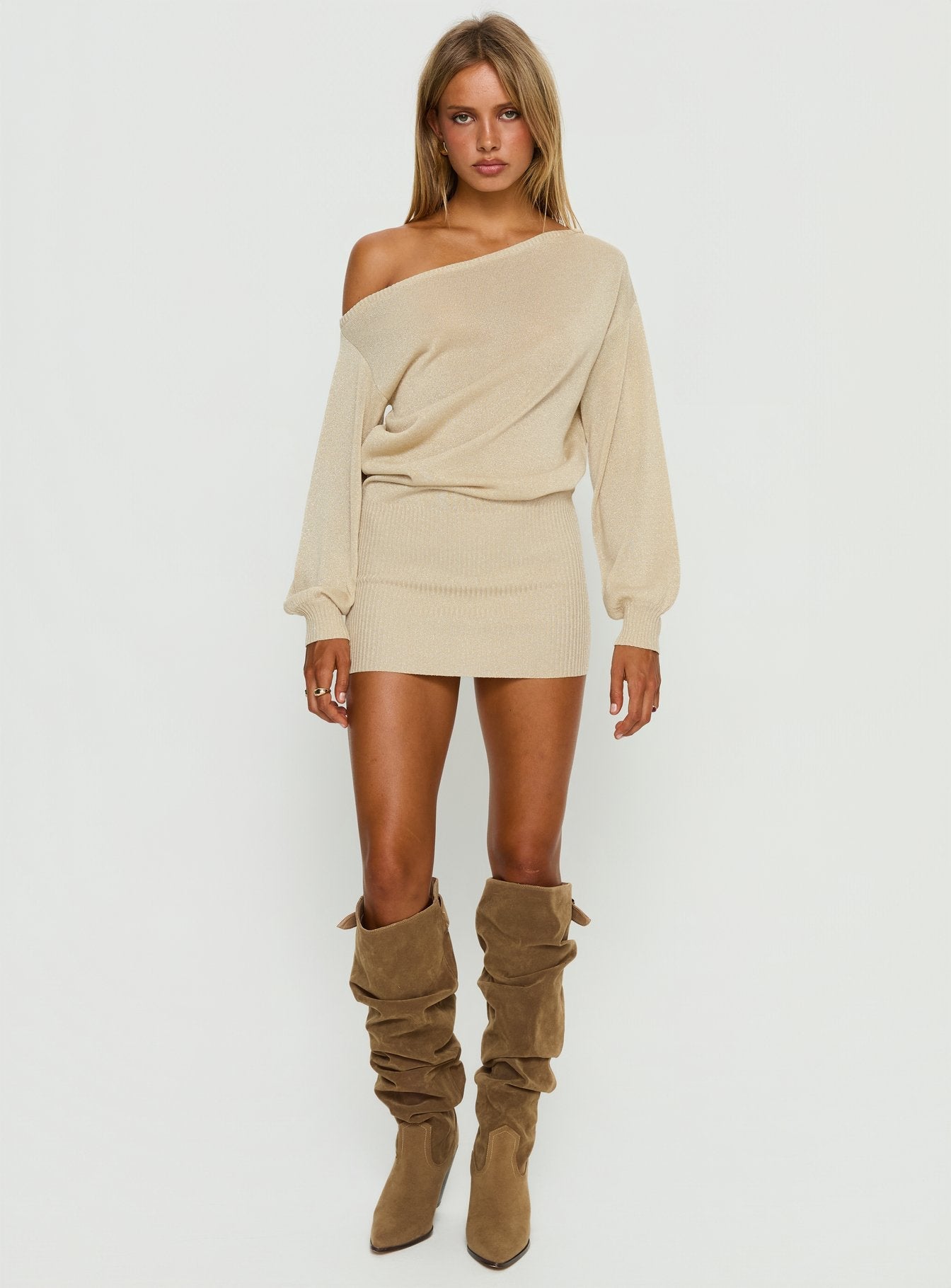 Johannah Altın Renk Off Shoulder Uzun Kollu Mini Elbise