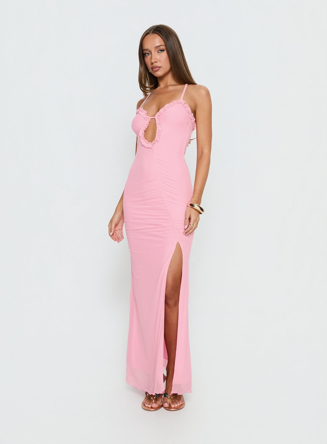 Soulina Pembe Fırfırlı Maxi Elbise