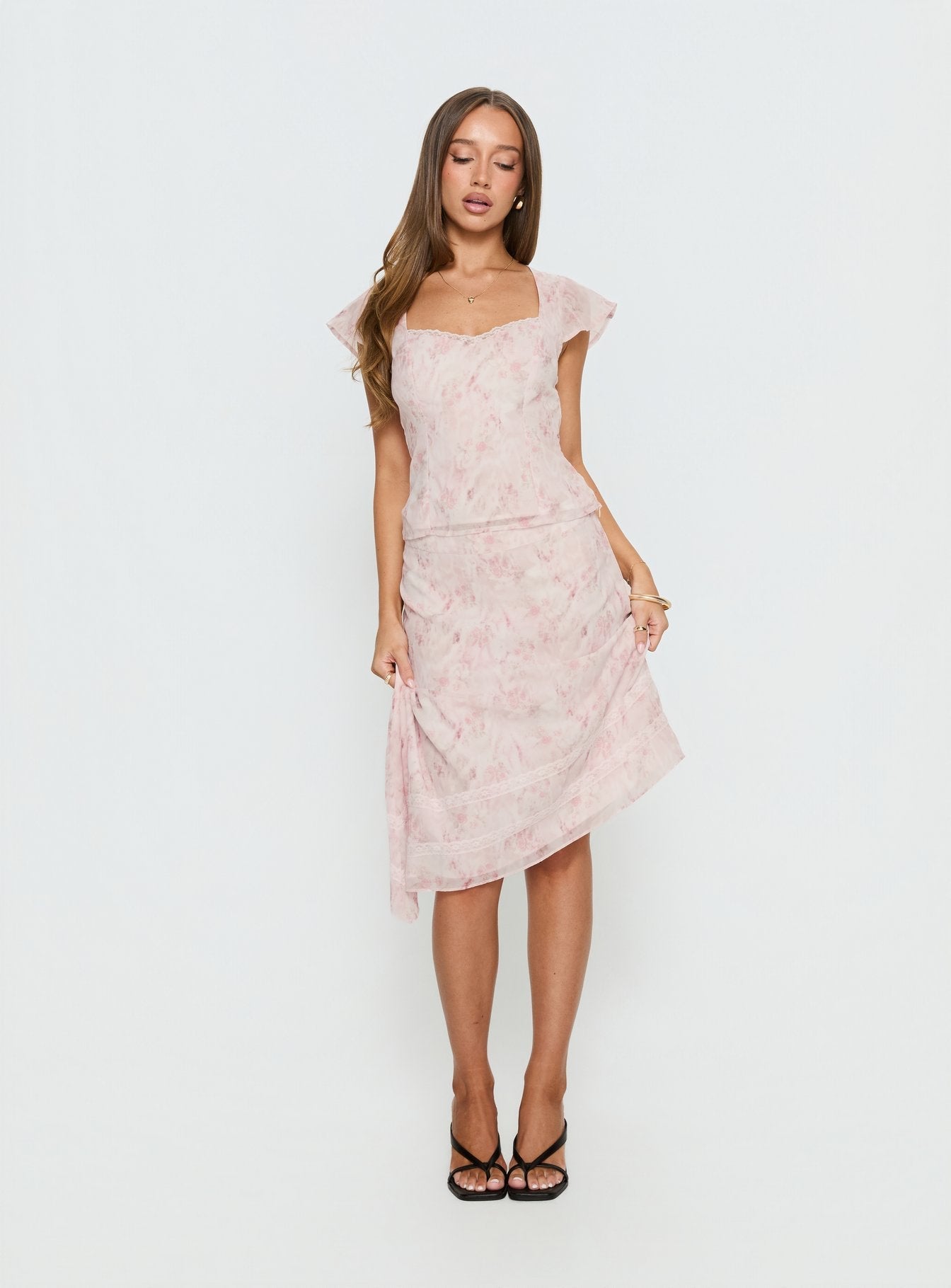 Avaline Pembe Asimetrik Midi Etek