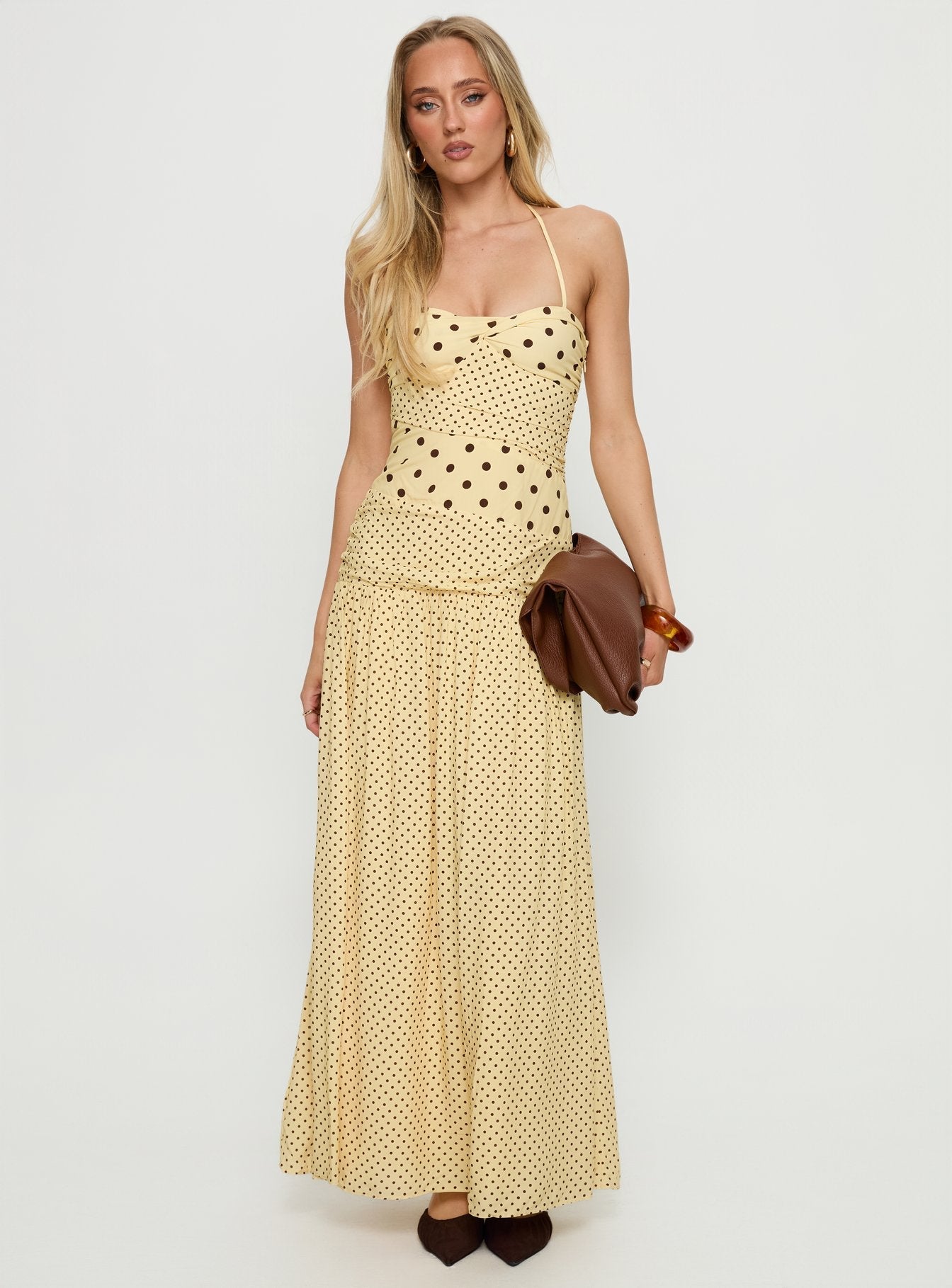Marguerite Halter Maxi Elbise - Limon Kahverengi Puantiye
