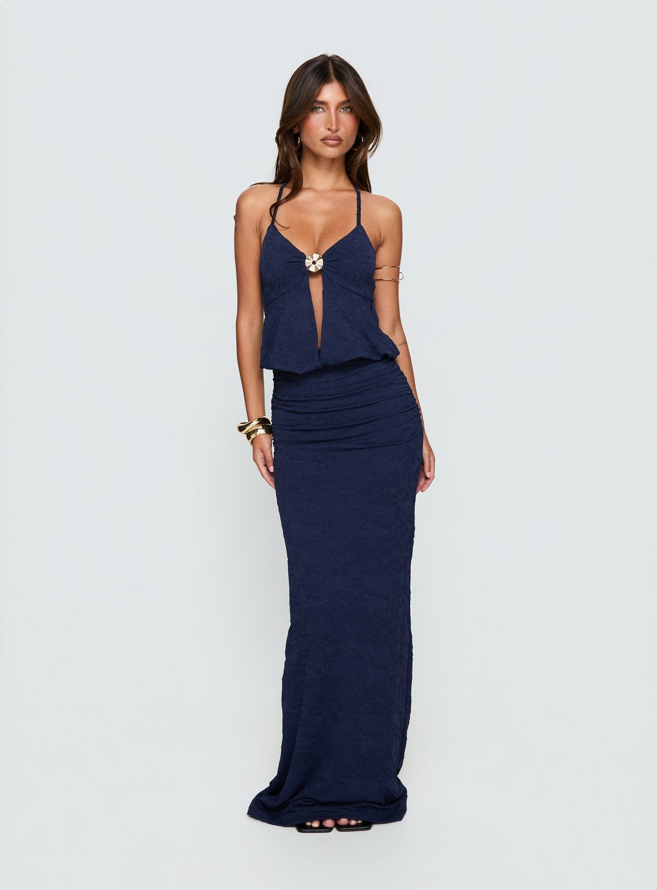 Sungold Lacivert Halter Yaka Maxi Elbise
