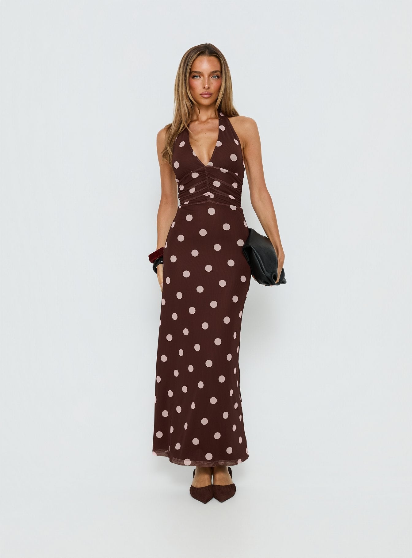Saviana Halter Maxi Elbise - Çikolata/Pembe Puantiye