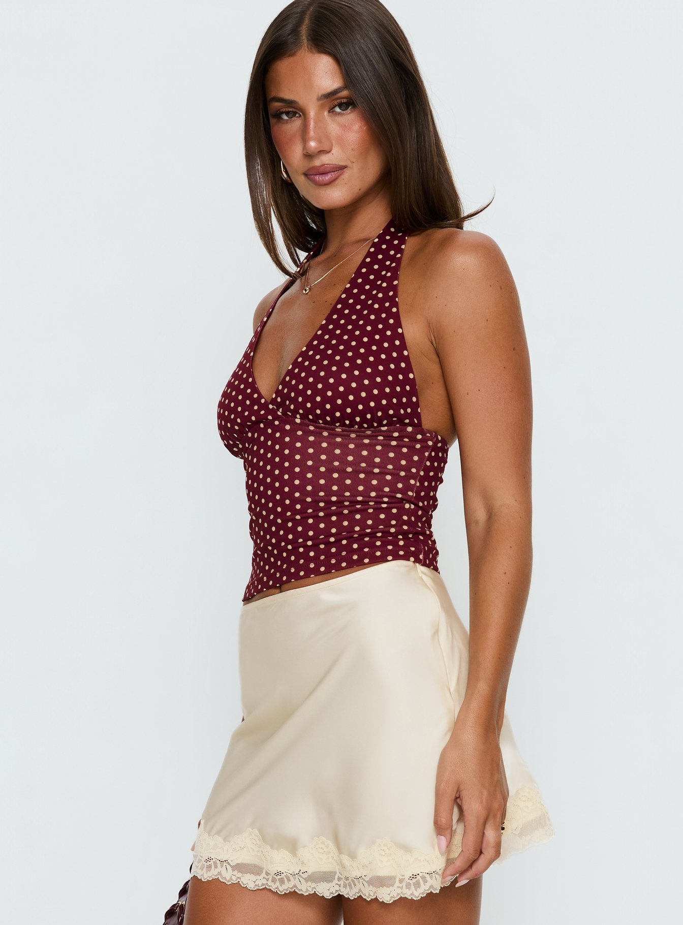 Whimsy Bordo/Limon Sarısı Puantiyeli Triko Halter Top