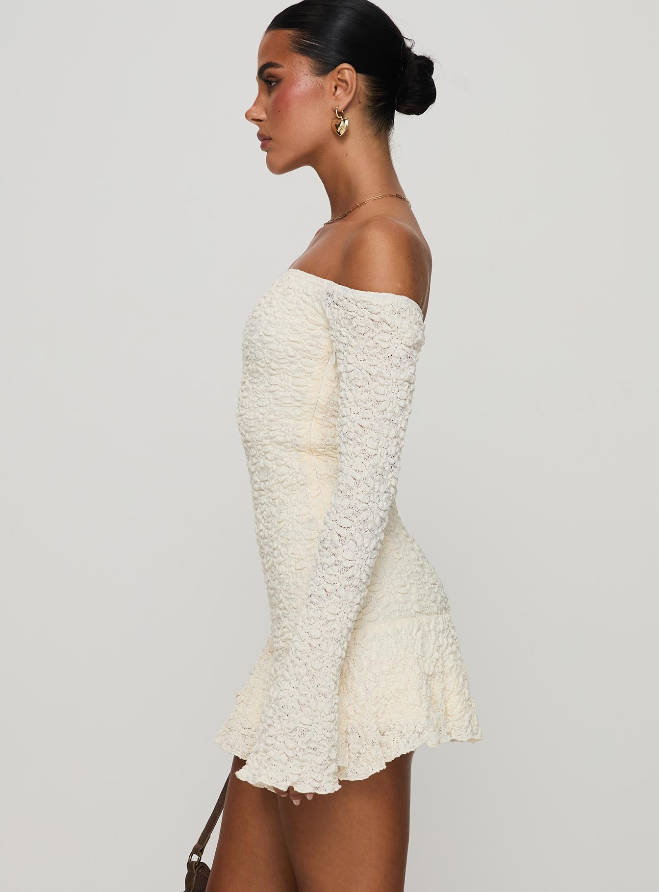 Vancesca Off Shoulder Uzun Kollu Krem Mini Elbise