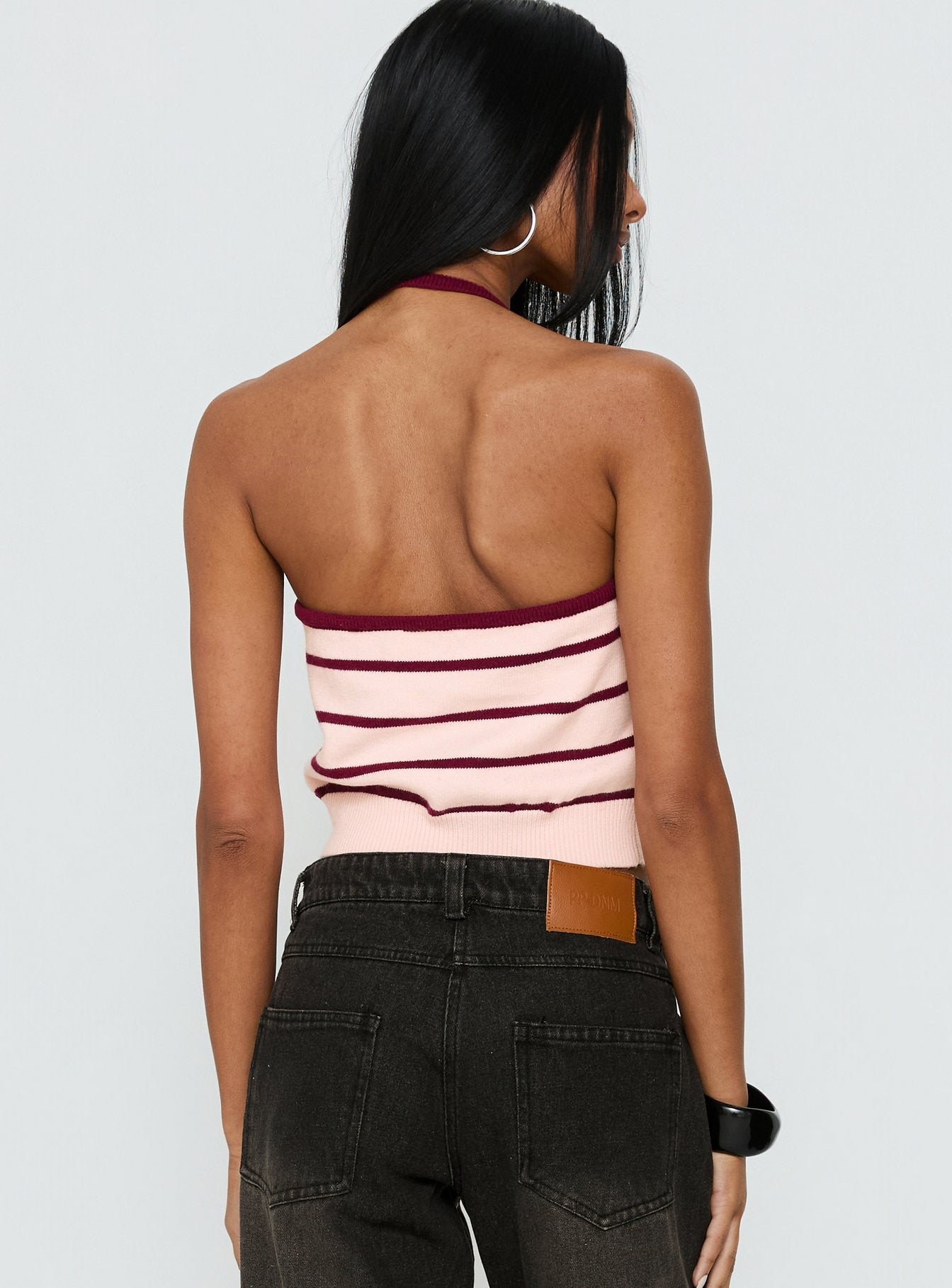 Halter Yaka Üst - Pembe/Bordo Çizgili Bluz