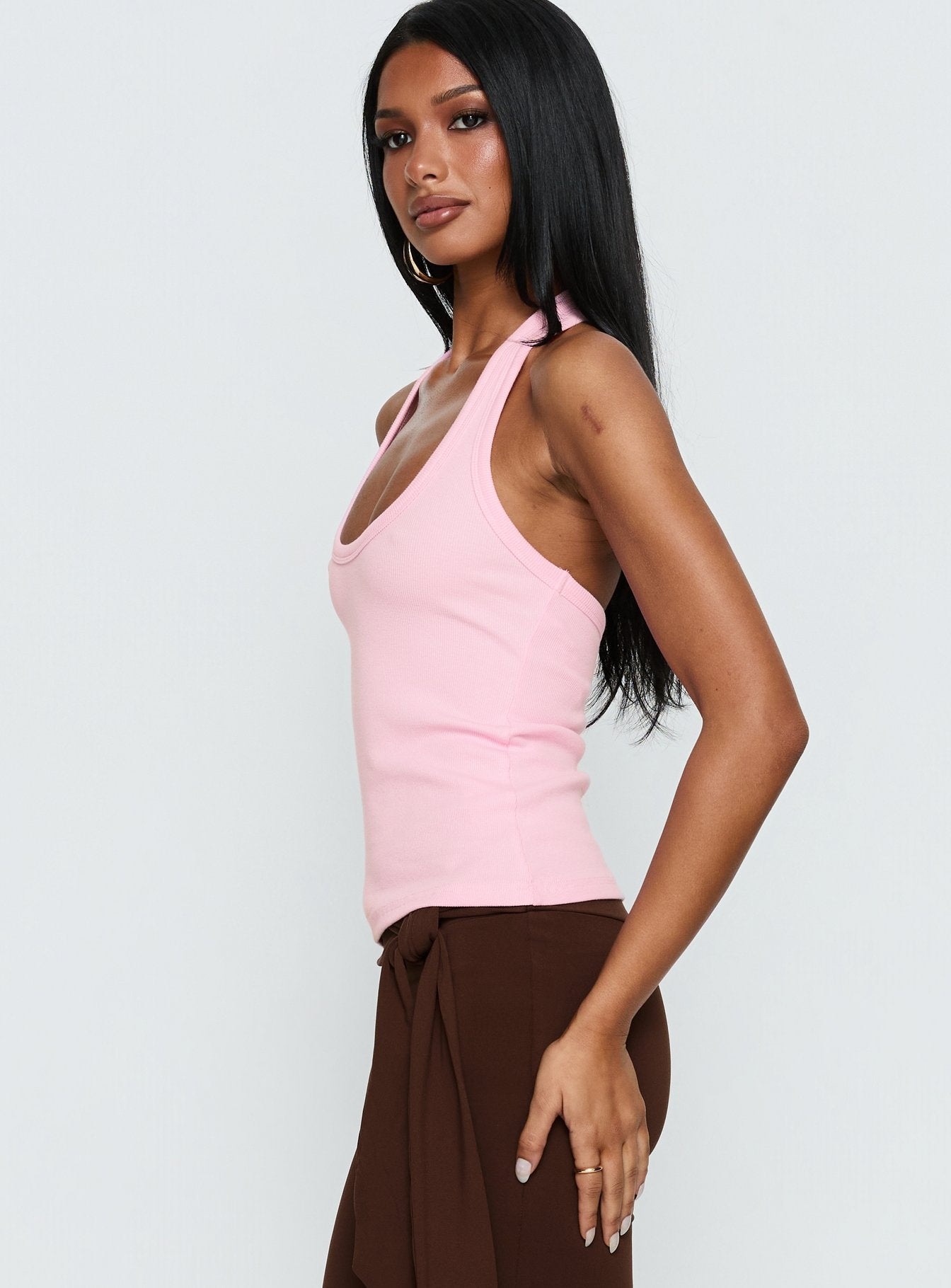 Ribbed Halter Tank Top - Pembe