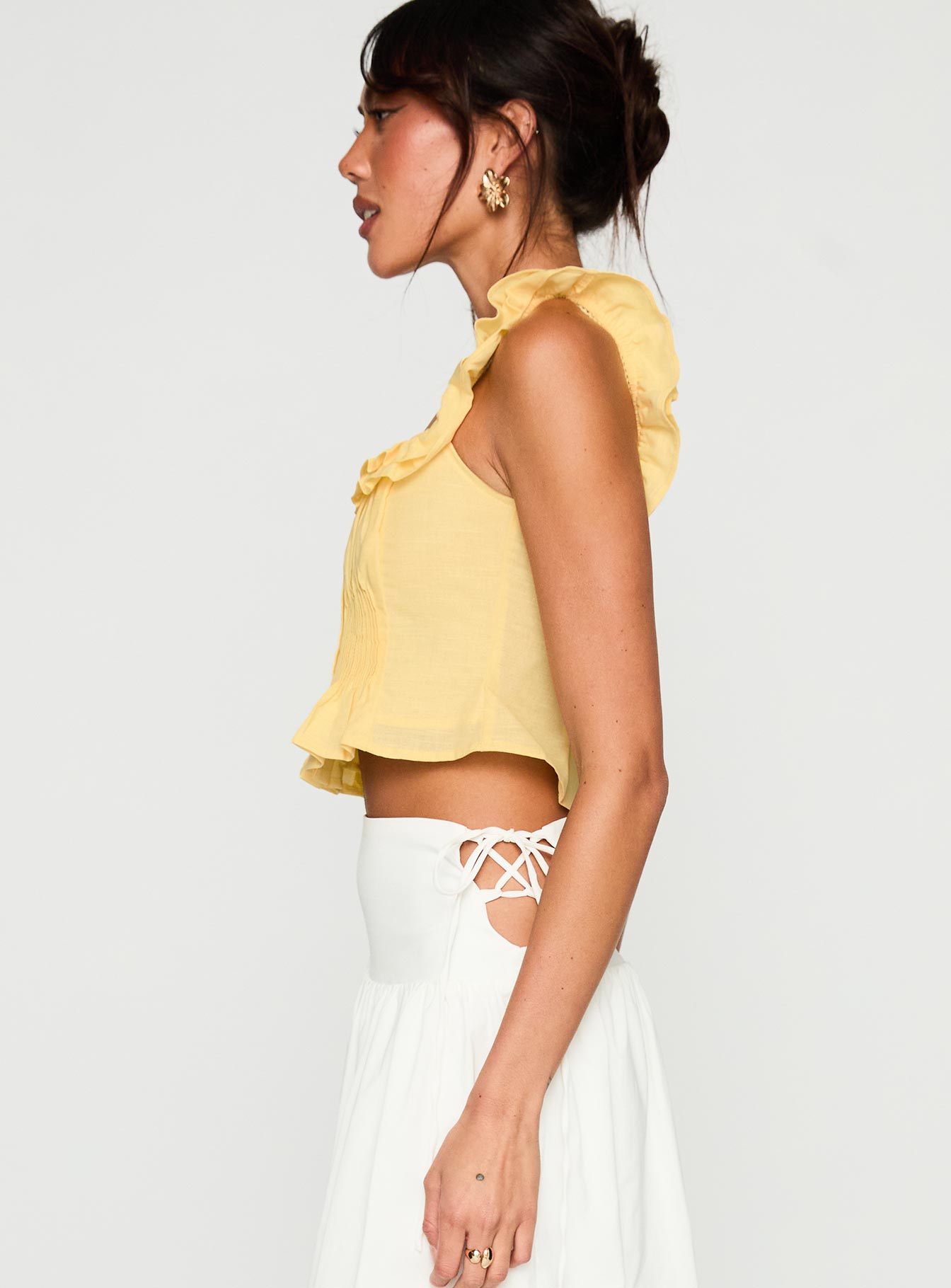 Isadoria Sarı Fırfırlı Keten Karışımlı Crop Top